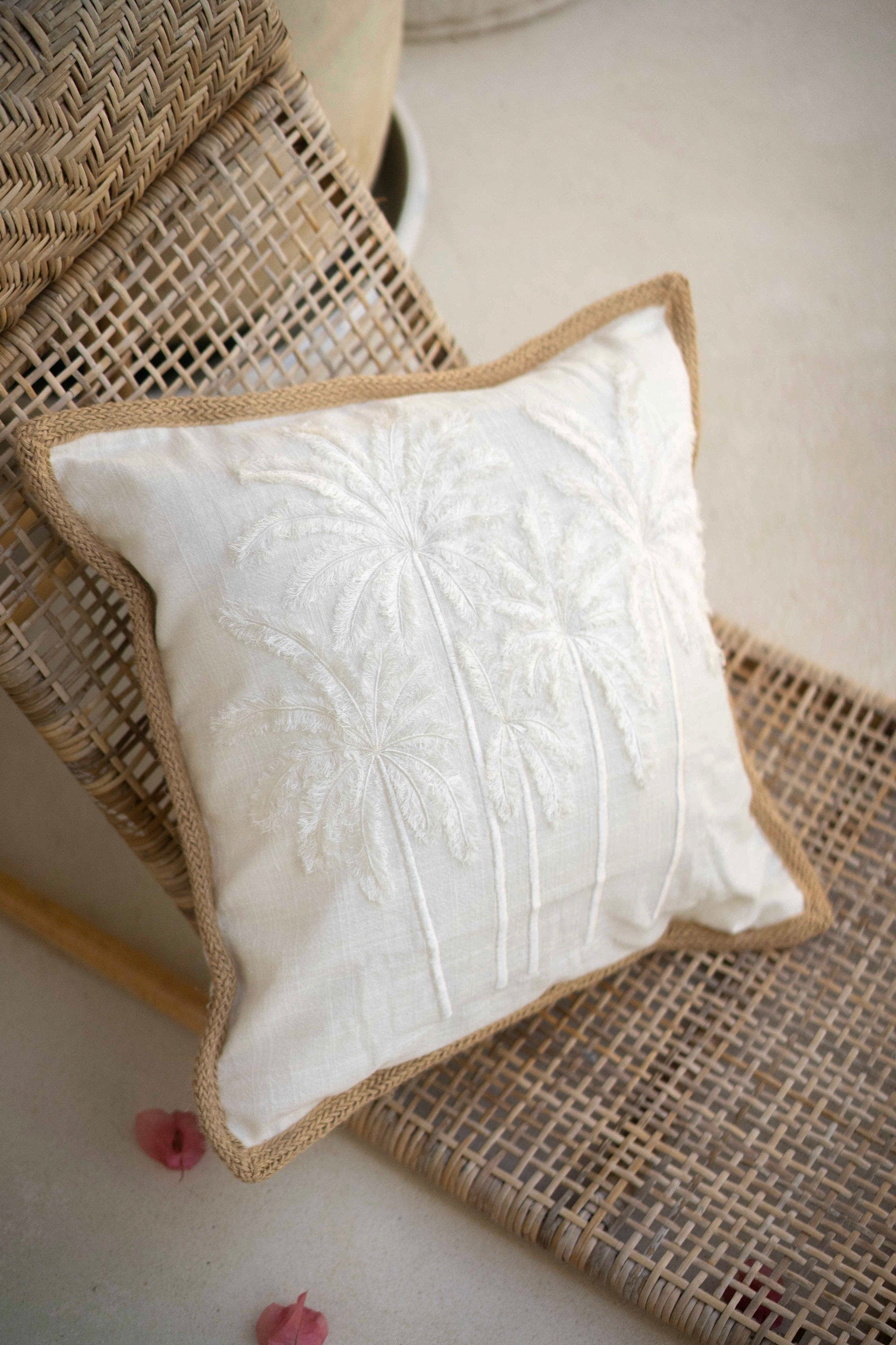 Premium Palm Cove Linen Cushion Cover with Jute Trimming, Hand Embroidered Palm Trees, 45x45 cm, Handmade in Bali