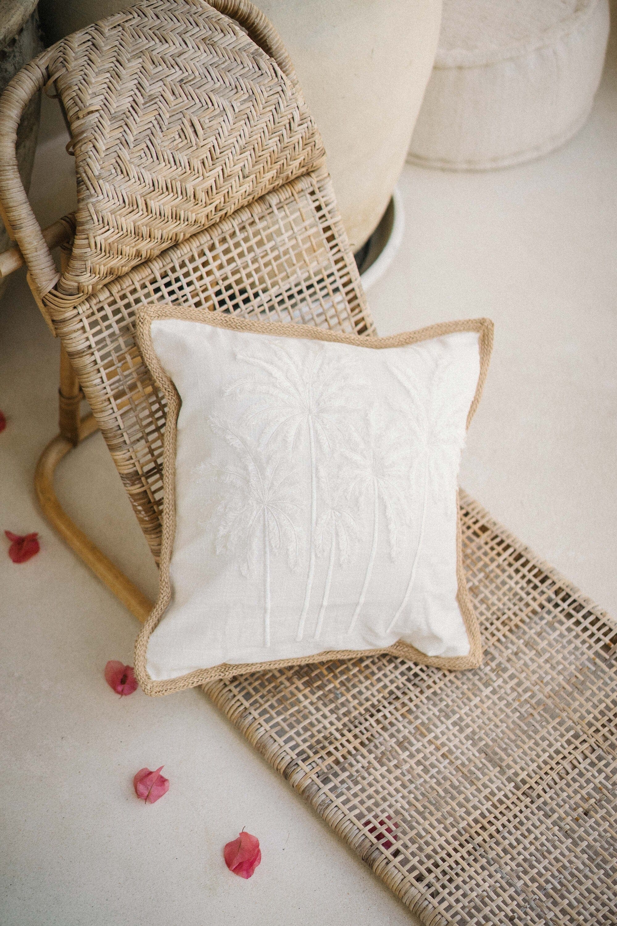 Premium Palm Cove Linen Cushion Cover with Jute Trimming, Hand Embroidered Palm Trees, 45x45 cm, Handmade in Bali