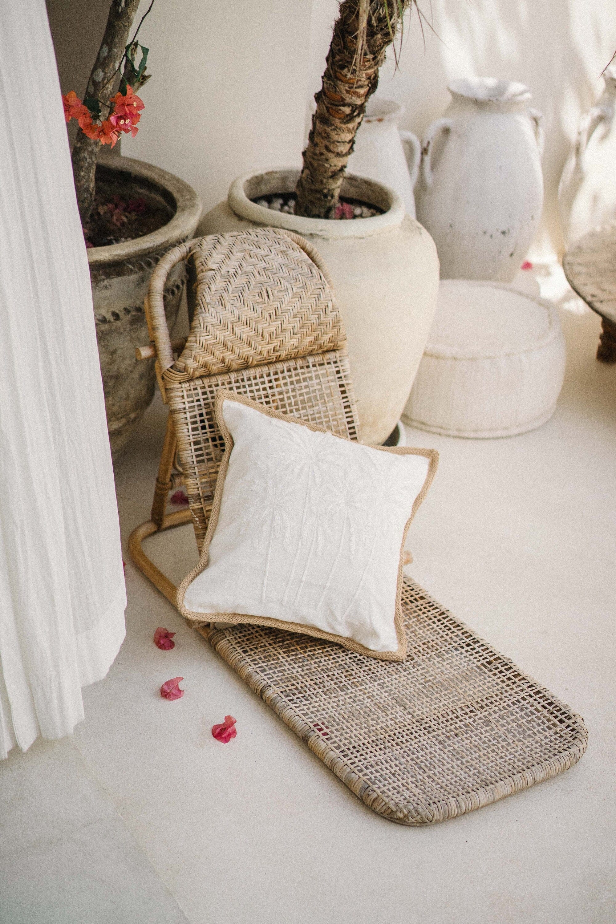 Premium Palm Cove Linen Cushion Cover with Jute Trimming, Hand Embroidered Palm Trees, 45x45 cm, Handmade in Bali