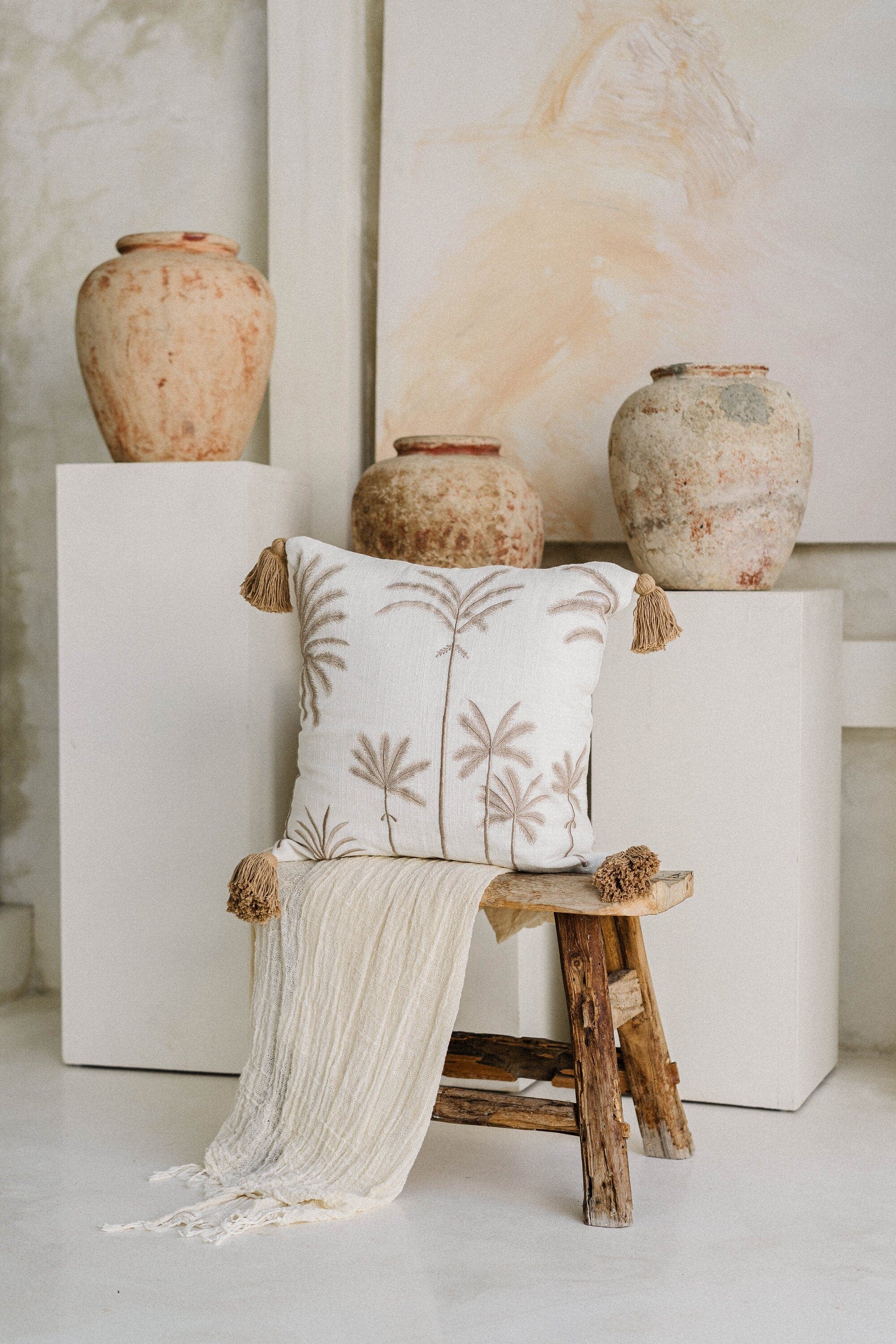 Premium Palm Cove Linen Cushion Cover with Pom Poms, Hand Embroidered Palm Trees, 45x45 cm, Handmade in Bali