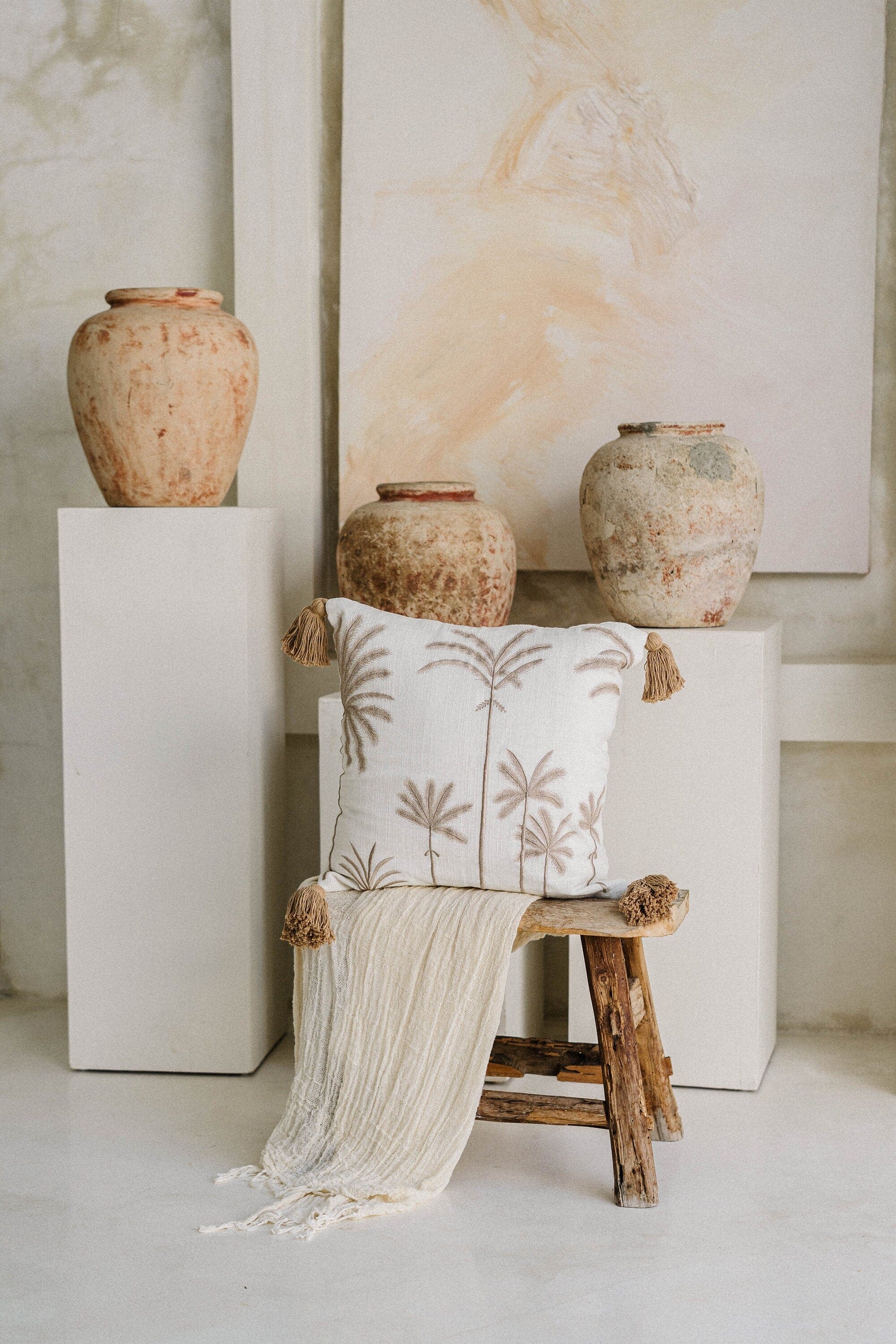 Premium Palm Cove Linen Cushion Cover with Pom Poms, Hand Embroidered Palm Trees, 45x45 cm, Handmade in Bali