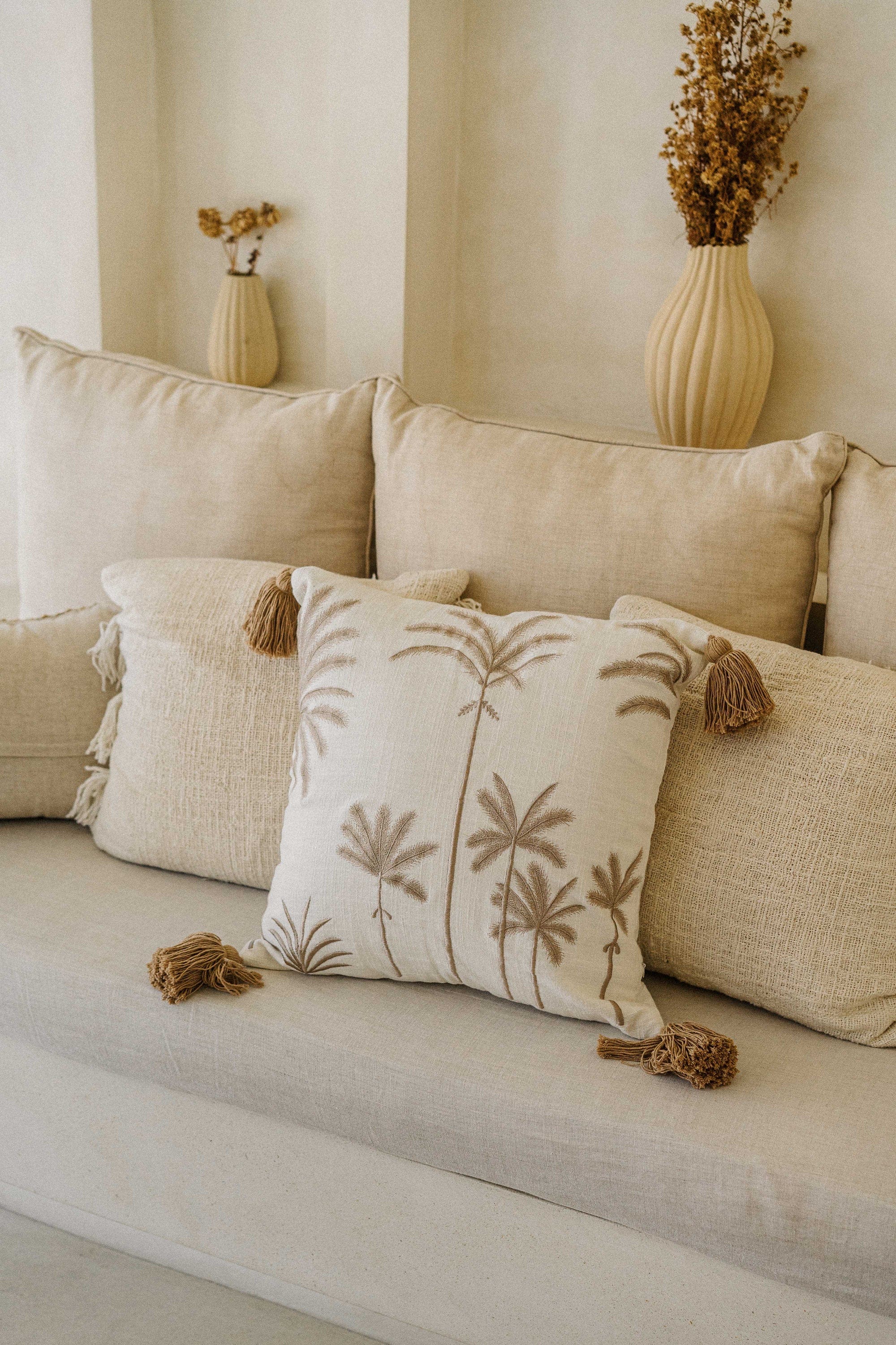 Premium Palm Cove Linen Cushion Cover with Pom Poms, Hand Embroidered Palm Trees, 45x45 cm, Handmade in Bali