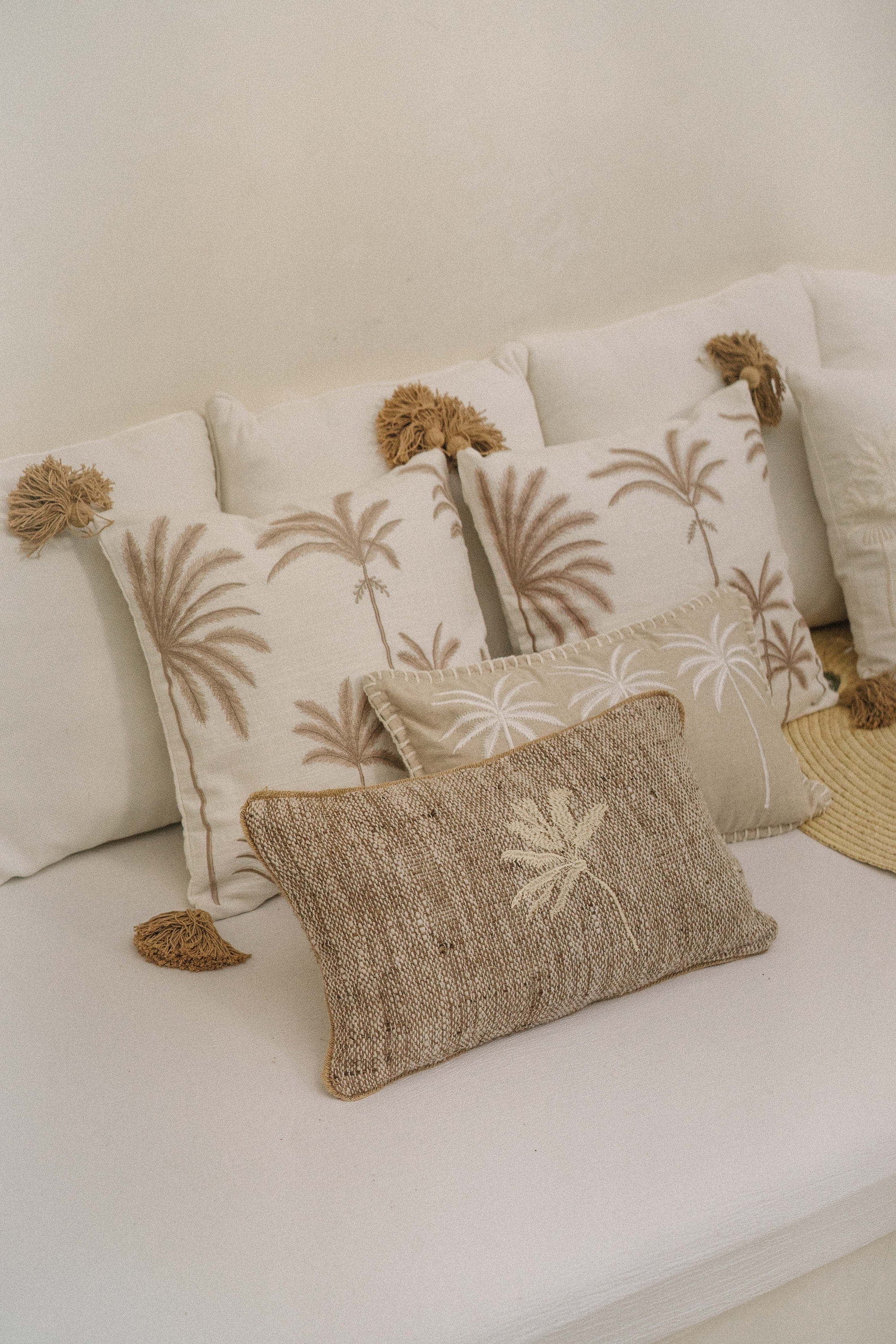 Premium Palm Cove Linen Cushion Cover with Pom Poms, Hand Embroidered Palm Trees, 45x45 cm, Handmade in Bali