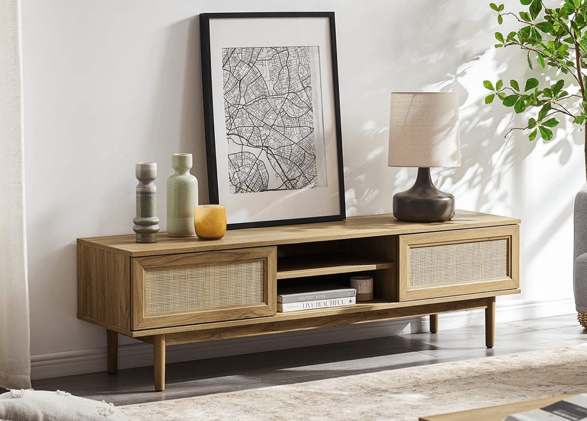 Rattan 59" TV Stand - Modern Boho Design with Sliding Doors, Adjustable Shelves - Natural Oak