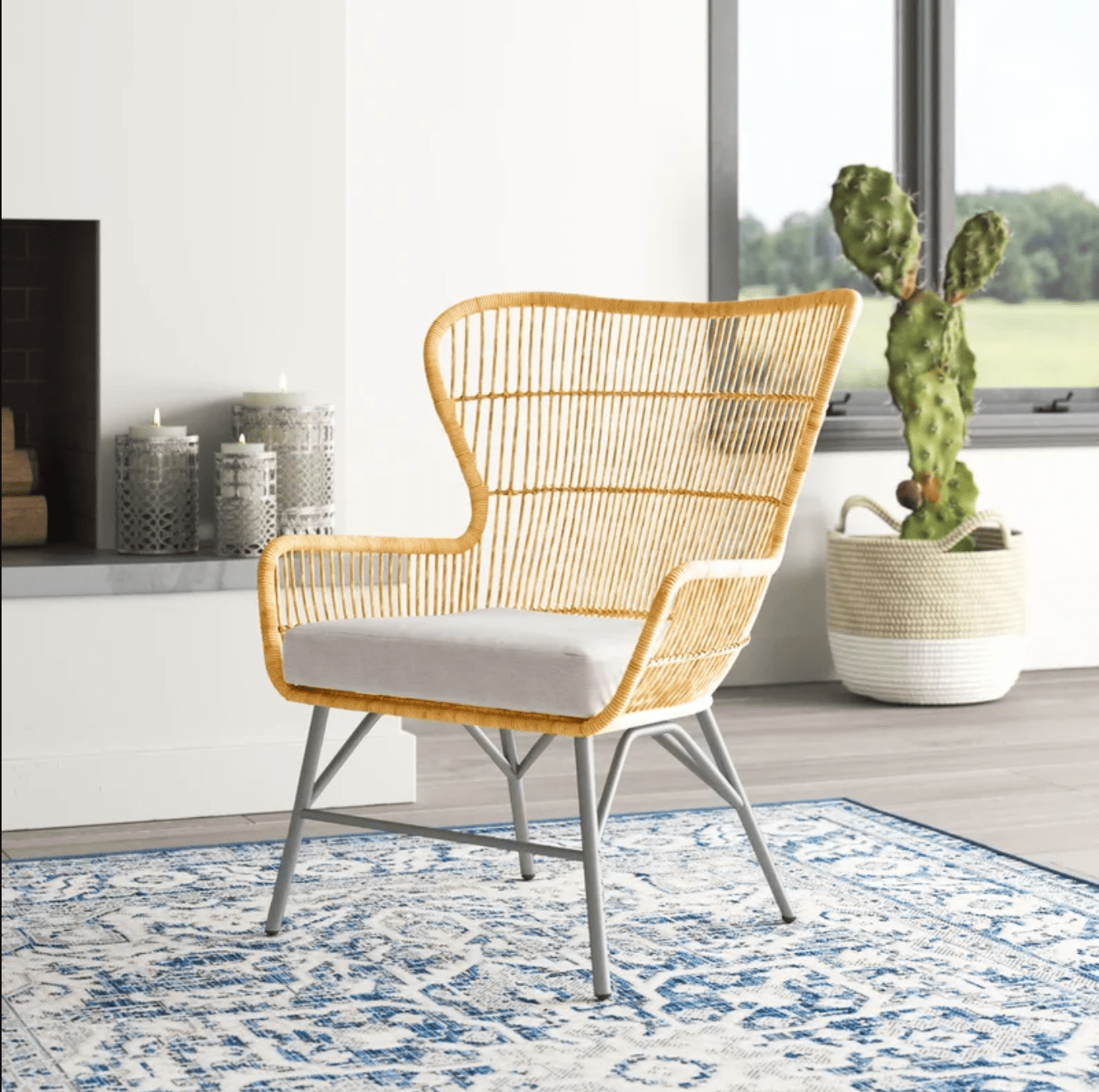 Rattan Accent Chair with Cushion - Natural/White - Bohemian Décor - 28.4" W x 25.2" L x 34.3" H