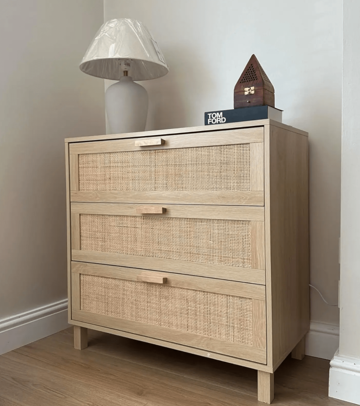 Rattan Chest of Drawers | 3 Drawer Dresser for Bedroom Storage | Oak Finish