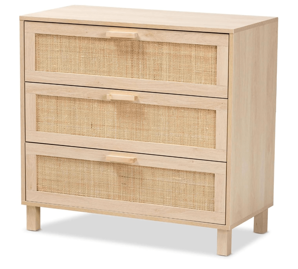 Rattan Chest of Drawers | 3 Drawer Dresser for Bedroom Storage | Oak Finish