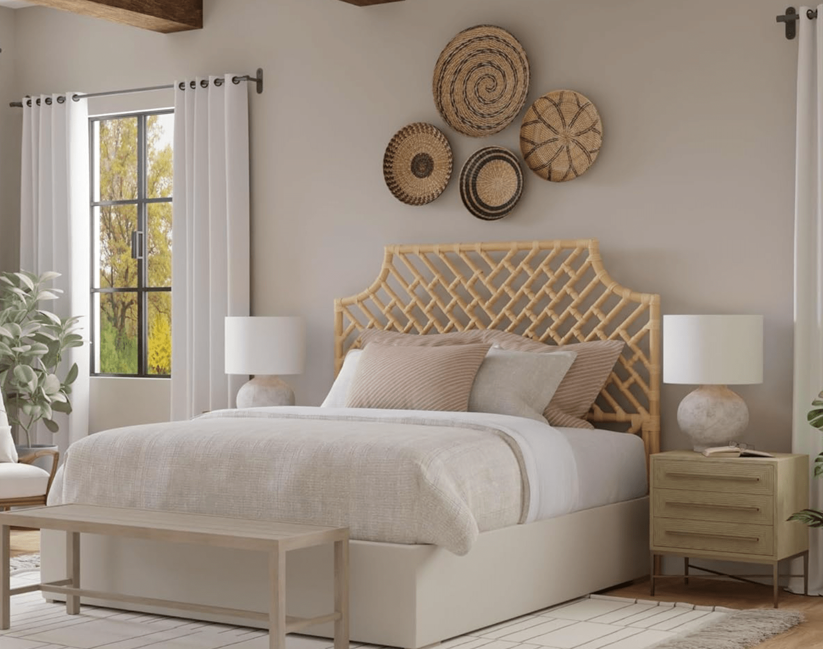 Rattan Chippendale Headboard, Full Size, Natural Loft - Modern Design, Lightweight and Handcrafted