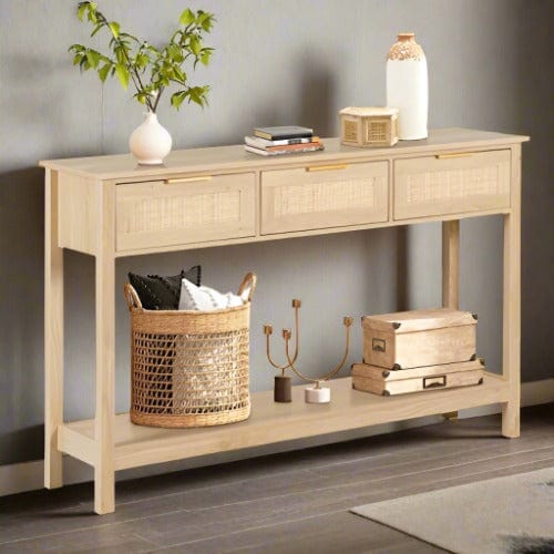 Rattan Console Table with 3 Drawers – Boho Entryway and Sofa Table for Living Room and Corridor