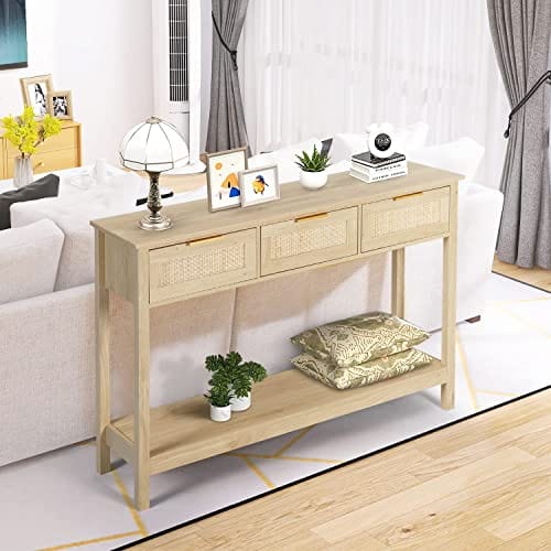 Rattan Console Table with 3 Drawers – Boho Entryway and Sofa Table for Living Room and Corridor