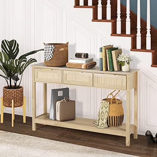 Rattan Console Table with 3 Drawers – Boho Entryway and Sofa Table for Living Room and Corridor