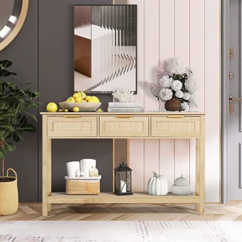 Rattan Console Table with 3 Drawers – Boho Entryway and Sofa Table for Living Room and Corridor