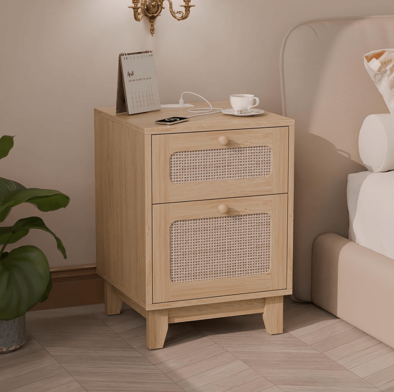 Rattan Nightstand with Charging Station - Handmade Boho Side Table with Decorated Drawer and Door - Natural Oak Finish