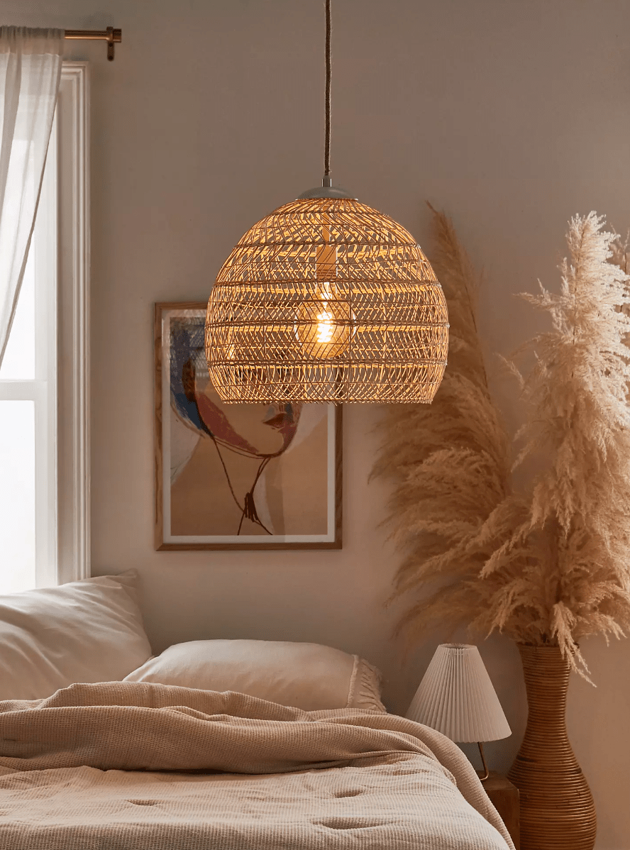 Rattan Pendant Light - Boho Bamboo Lampshade, Farmhouse Decor, Patio Lighting, Unique Handcrafted Fixture (14 * 12 in, Hardwired 48 in)