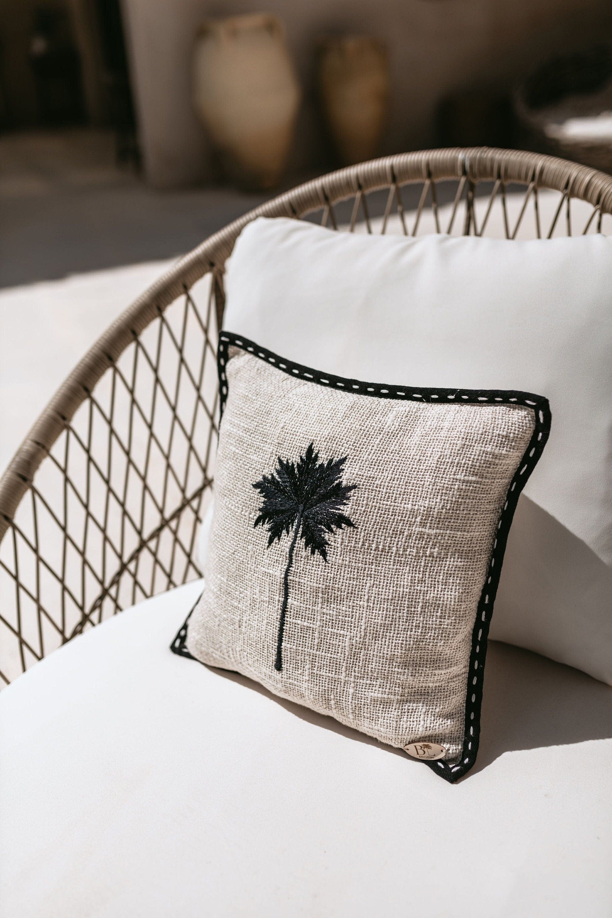 Raw Cotton Cushion Cover with Black Palm Tree Embroidery and Trimming, 40x40cm, Handmade in Bali, Unique Tropical Pillow Case