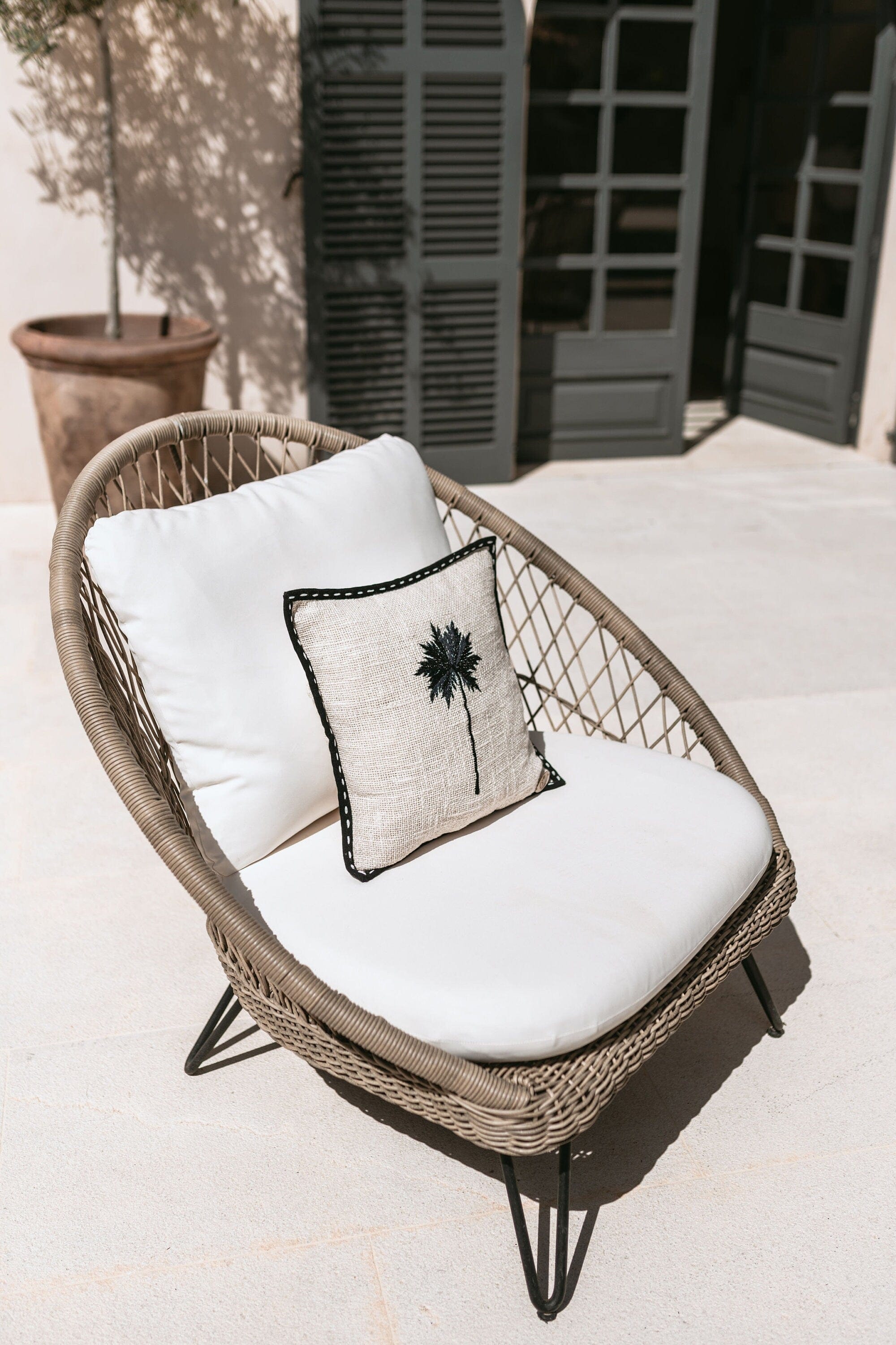 Raw Cotton Cushion Cover with Black Palm Tree Embroidery and Trimming, 40x40cm, Handmade in Bali, Unique Tropical Pillow Case