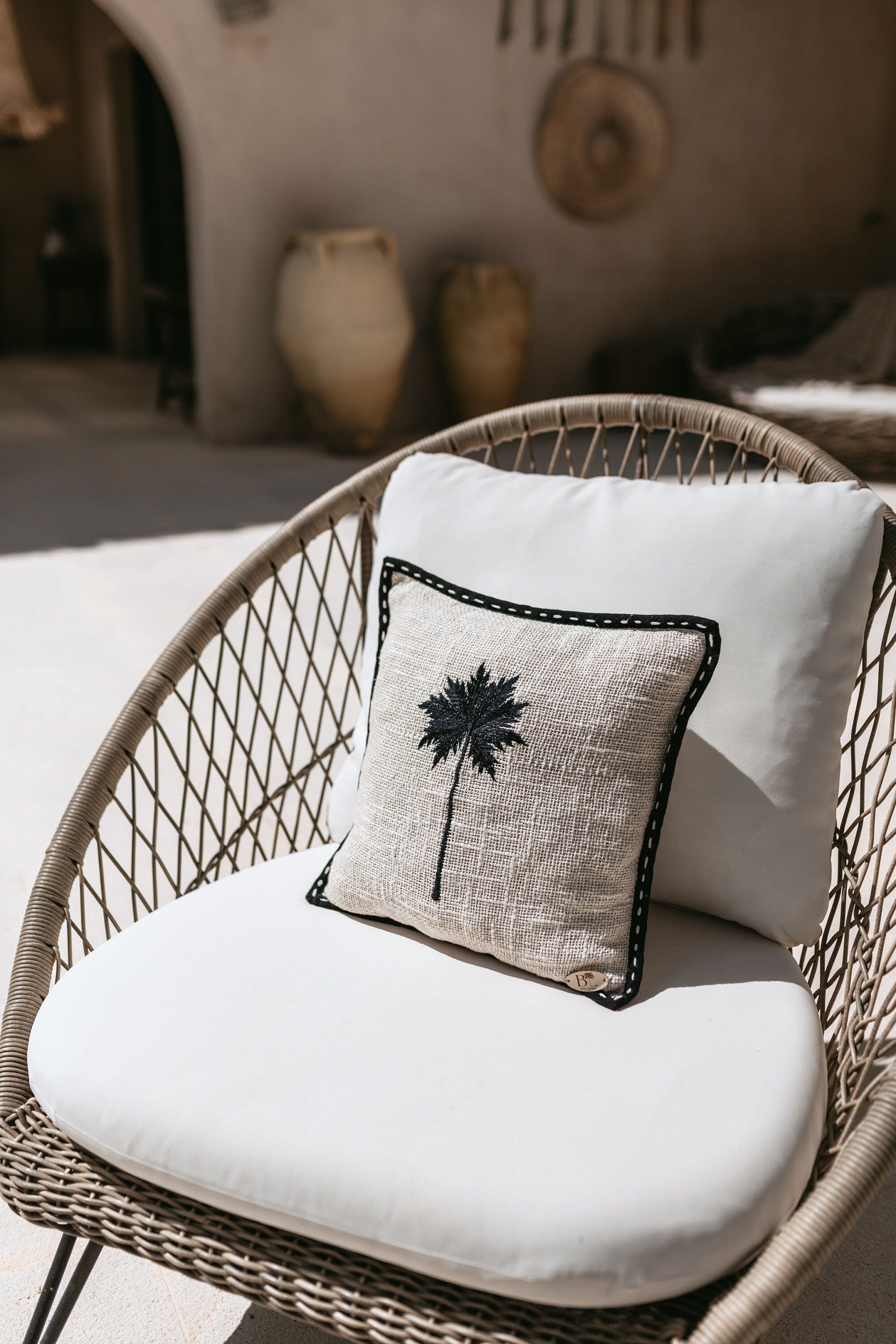 Raw Cotton Cushion Cover with Black Palm Tree Embroidery and Trimming, 40x40cm, Handmade in Bali, Unique Tropical Pillow Case