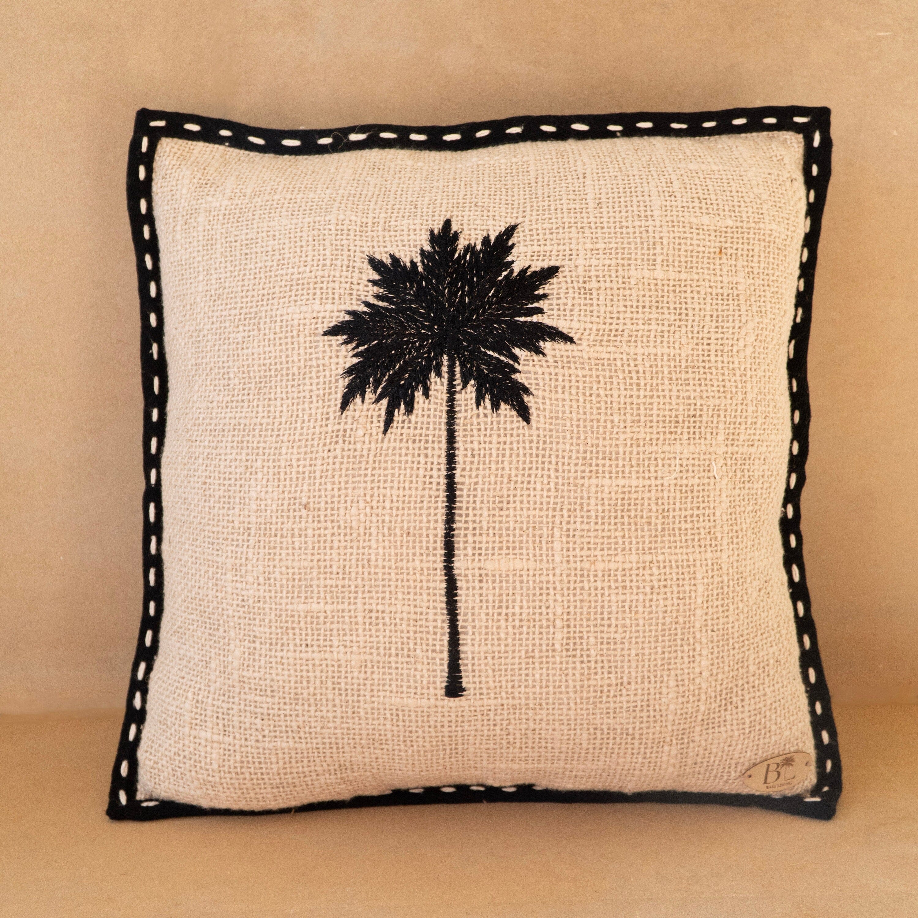 Raw Cotton Cushion Cover with Black Palm Tree Embroidery and Trimming, 40x40cm, Handmade in Bali, Unique Tropical Pillow Case