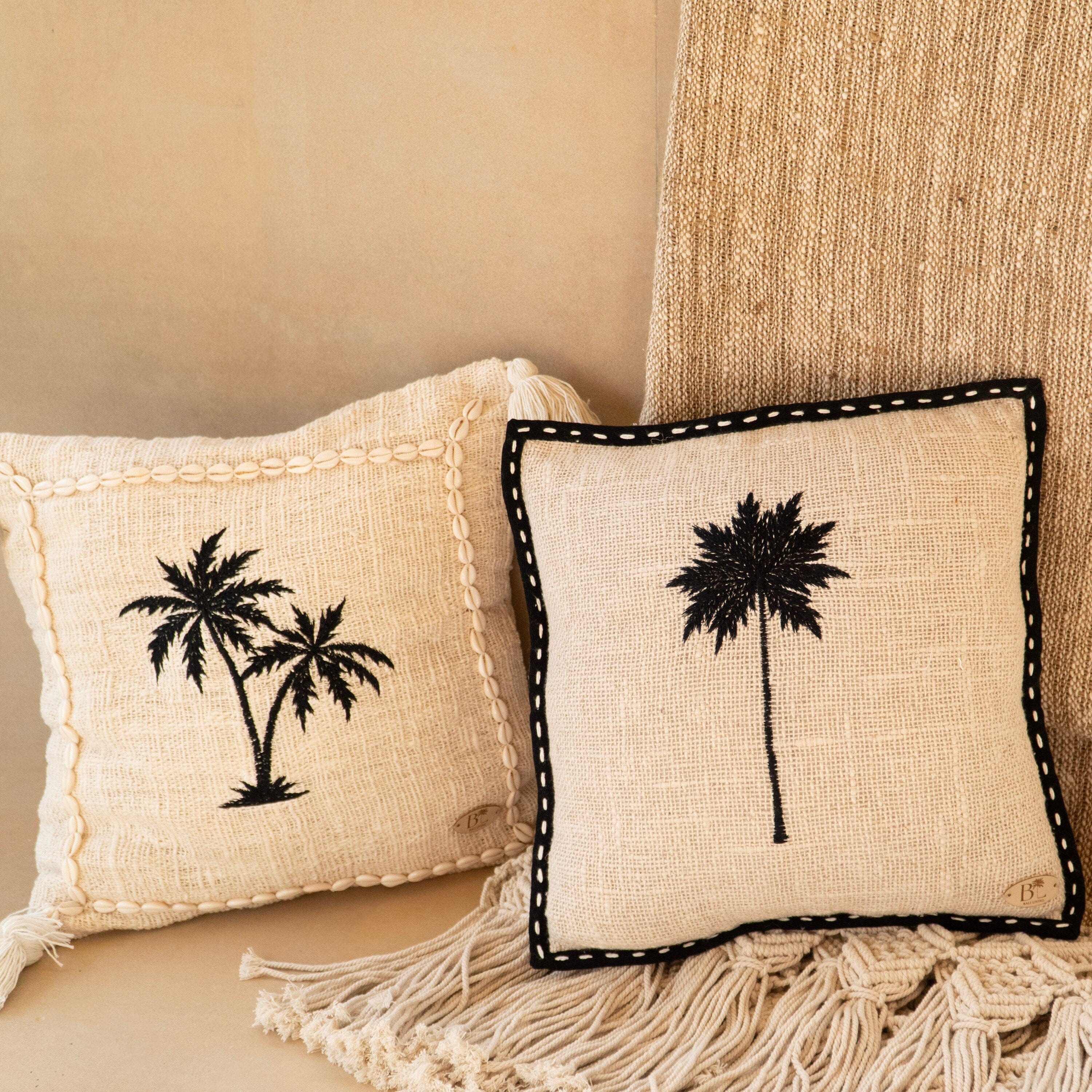 Raw Cotton Cushion Cover with Black Palm Tree Embroidery and Trimming, 40x40cm, Handmade in Bali, Unique Tropical Pillow Case