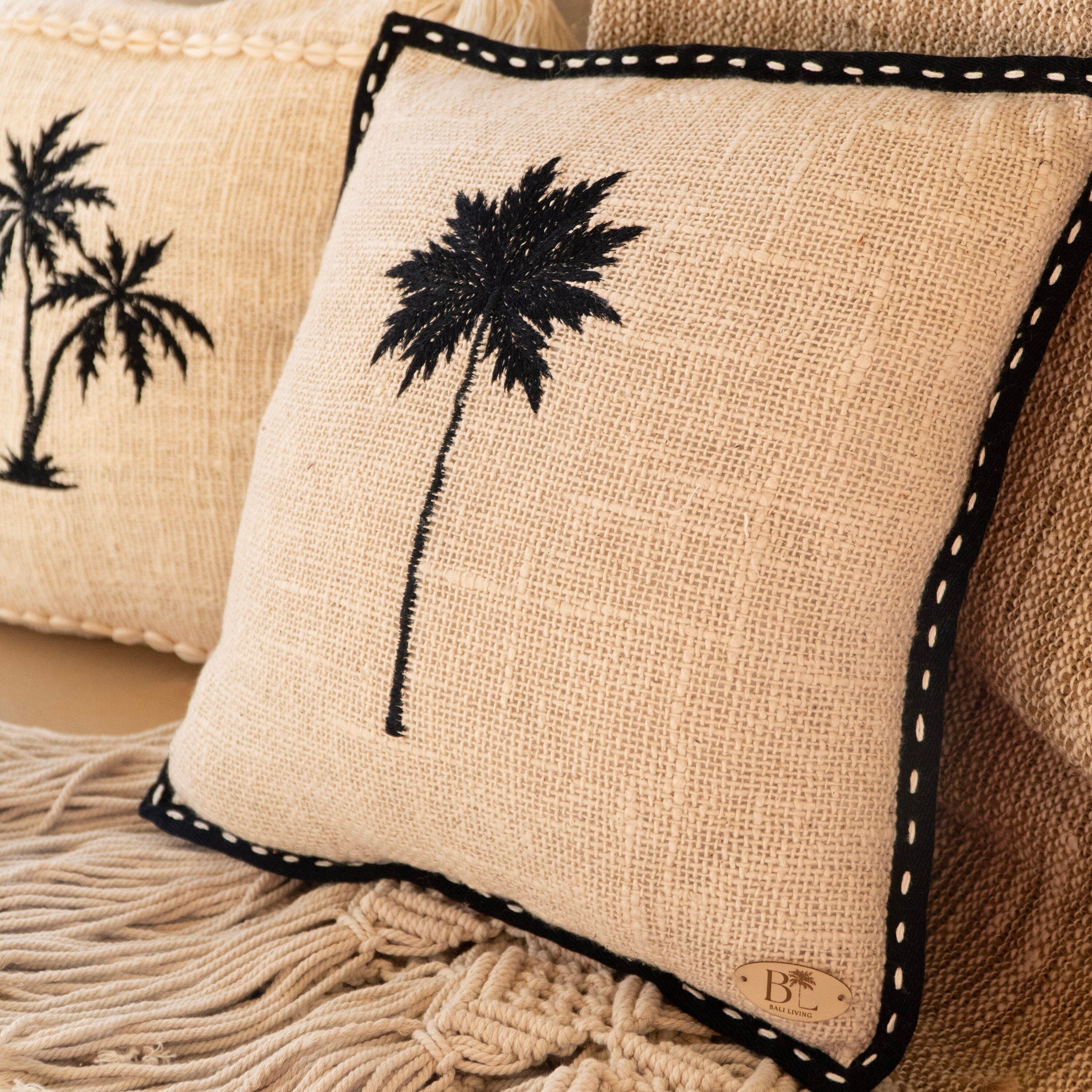 Raw Cotton Cushion Cover with Black Palm Tree Embroidery and Trimming, 40x40cm, Handmade in Bali, Unique Tropical Pillow Case