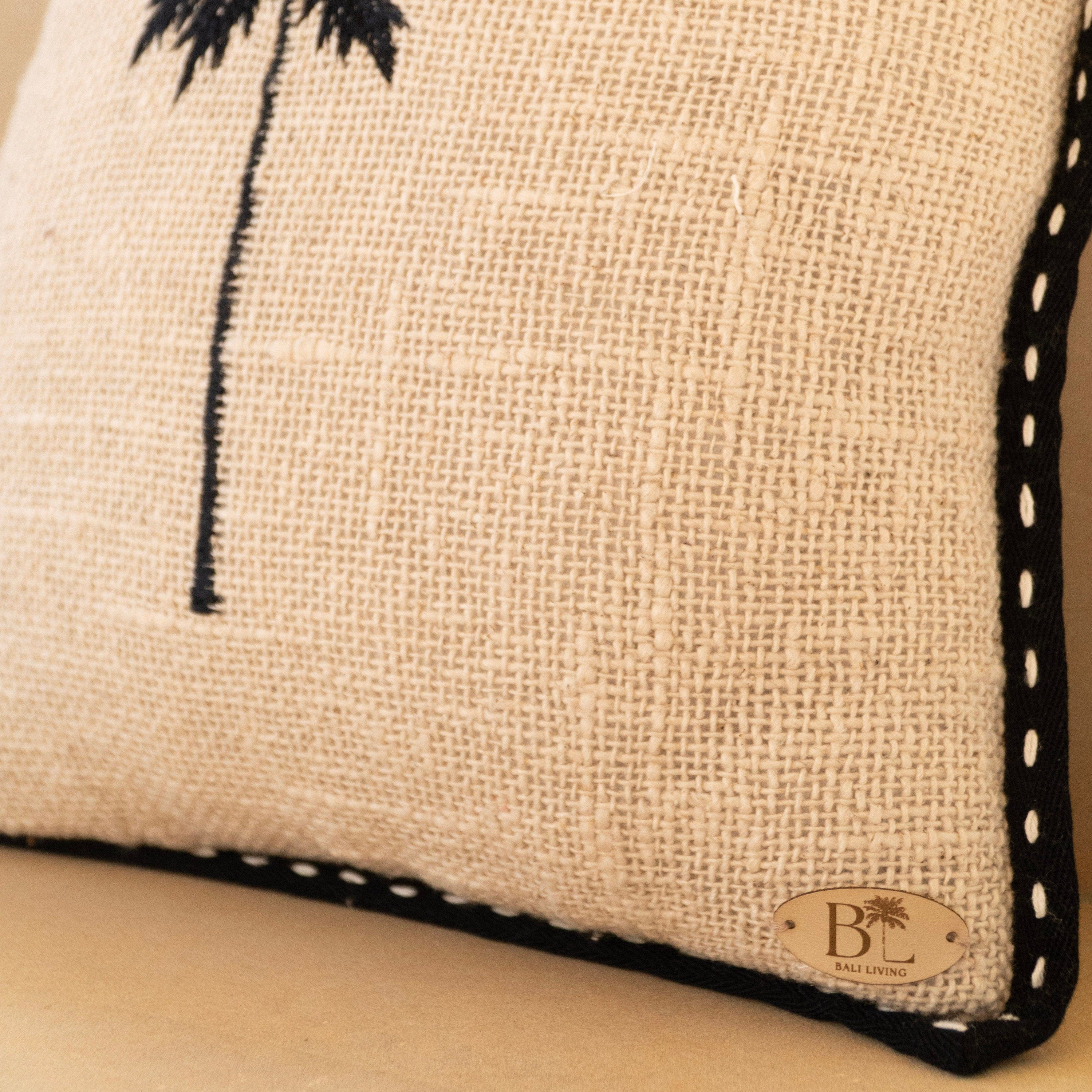 Raw Cotton Cushion Cover with Black Palm Tree Embroidery and Trimming, 40x40cm, Handmade in Bali, Unique Tropical Pillow Case