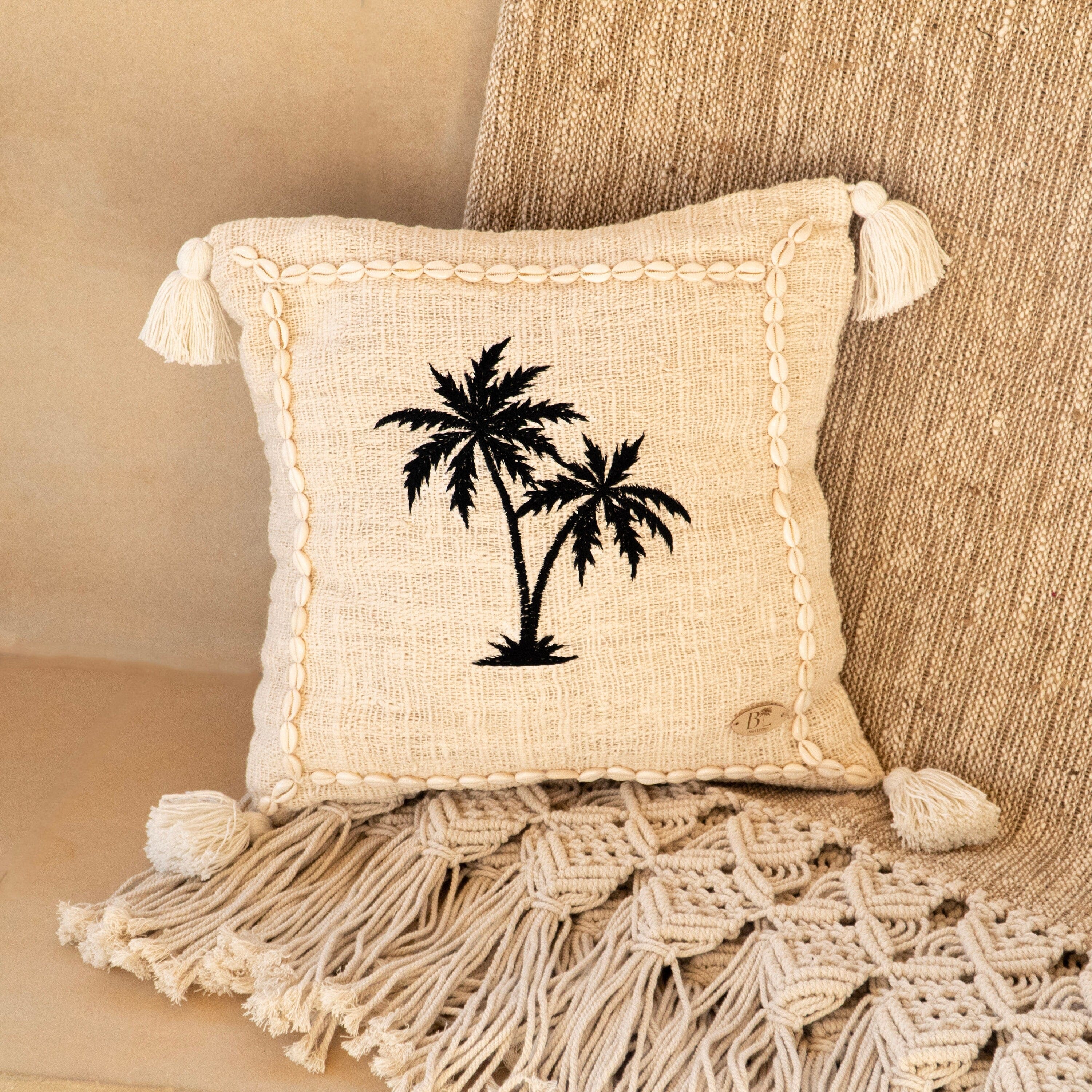 Raw Cotton Cushion Cover with Embroidered Palm Trees and Cowrie Shells, 45x45cm, Tropical Boho Pillow Cover, Handmade in Bali