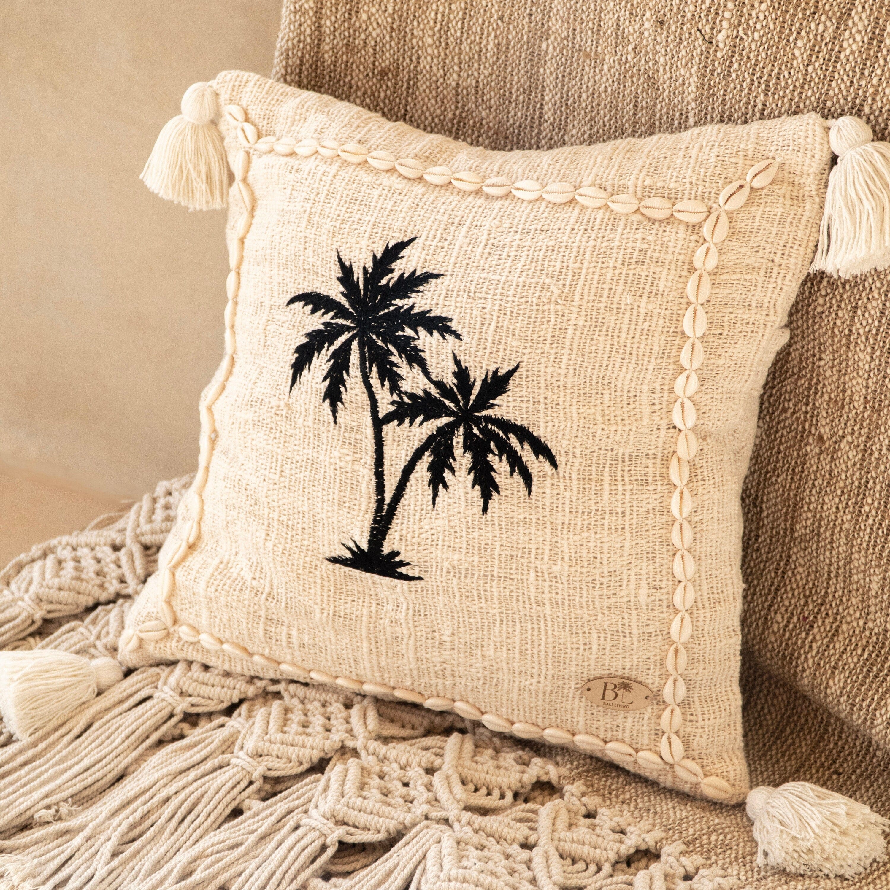 Raw Cotton Cushion Cover with Embroidered Palm Trees and Cowrie Shells, 45x45cm, Tropical Boho Pillow Cover, Handmade in Bali