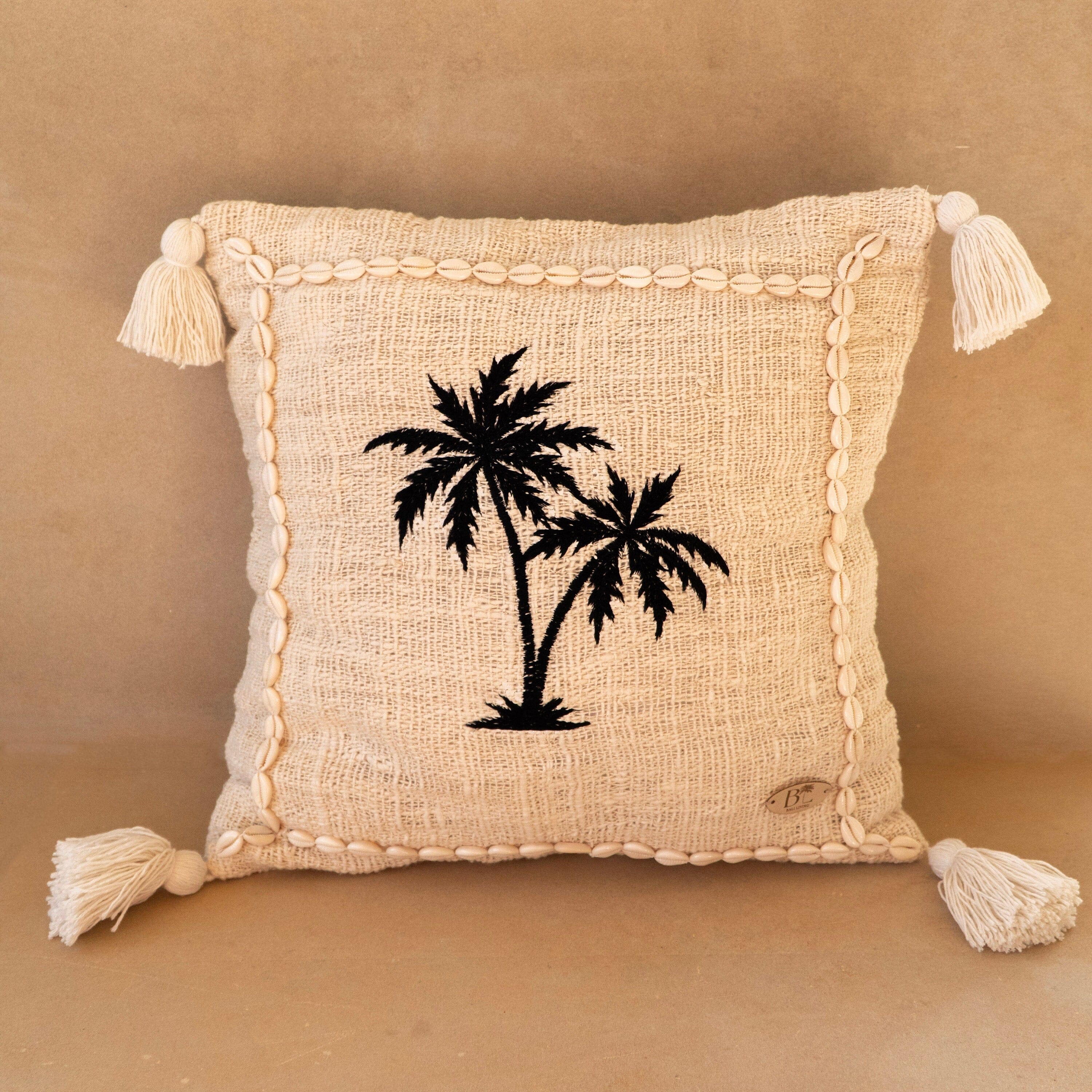 Raw Cotton Cushion Cover with Embroidered Palm Trees and Cowrie Shells, 45x45cm, Tropical Boho Pillow Cover, Handmade in Bali