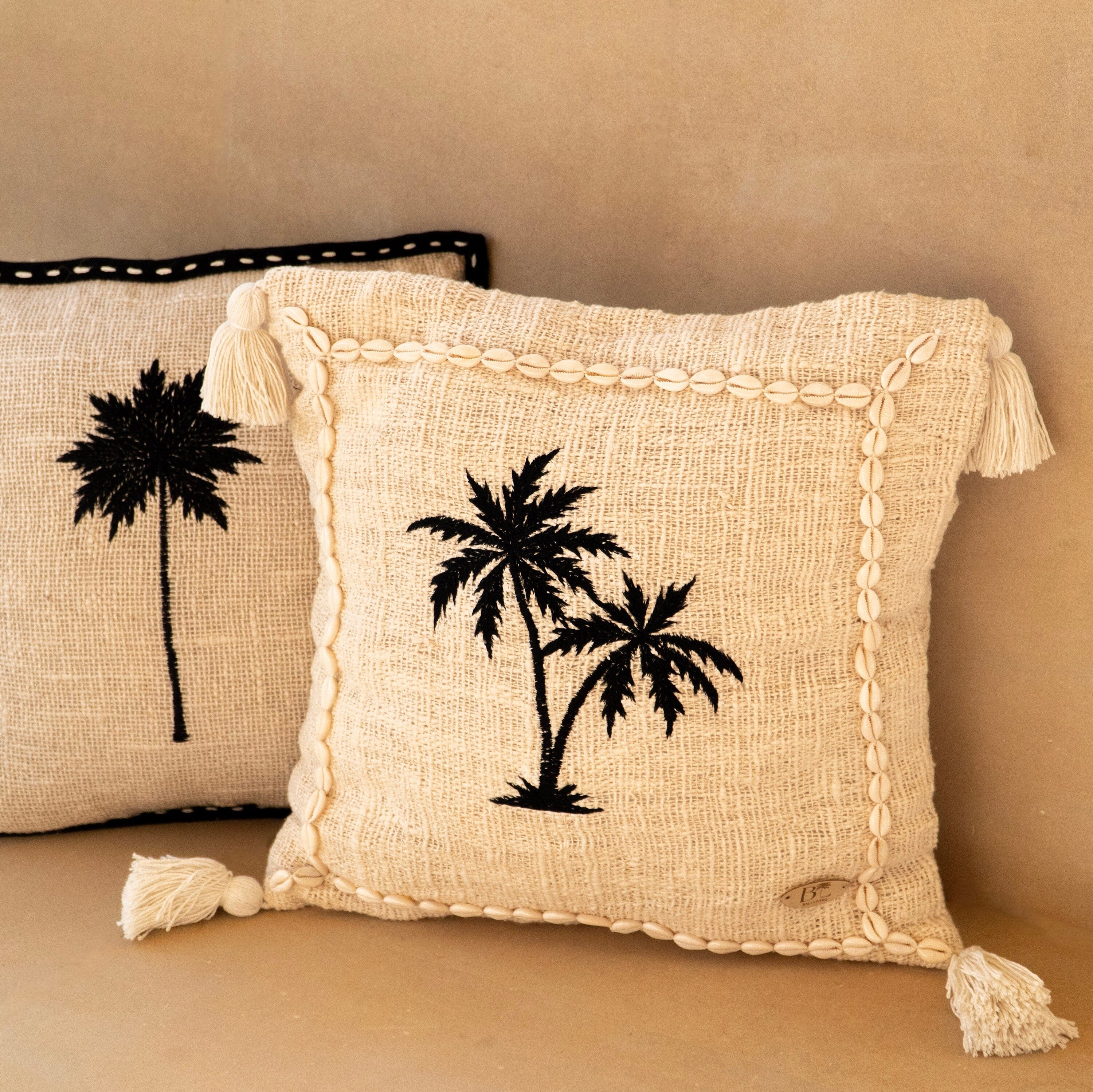 Raw Cotton Cushion Cover with Embroidered Palm Trees and Cowrie Shells, 45x45cm, Tropical Boho Pillow Cover, Handmade in Bali