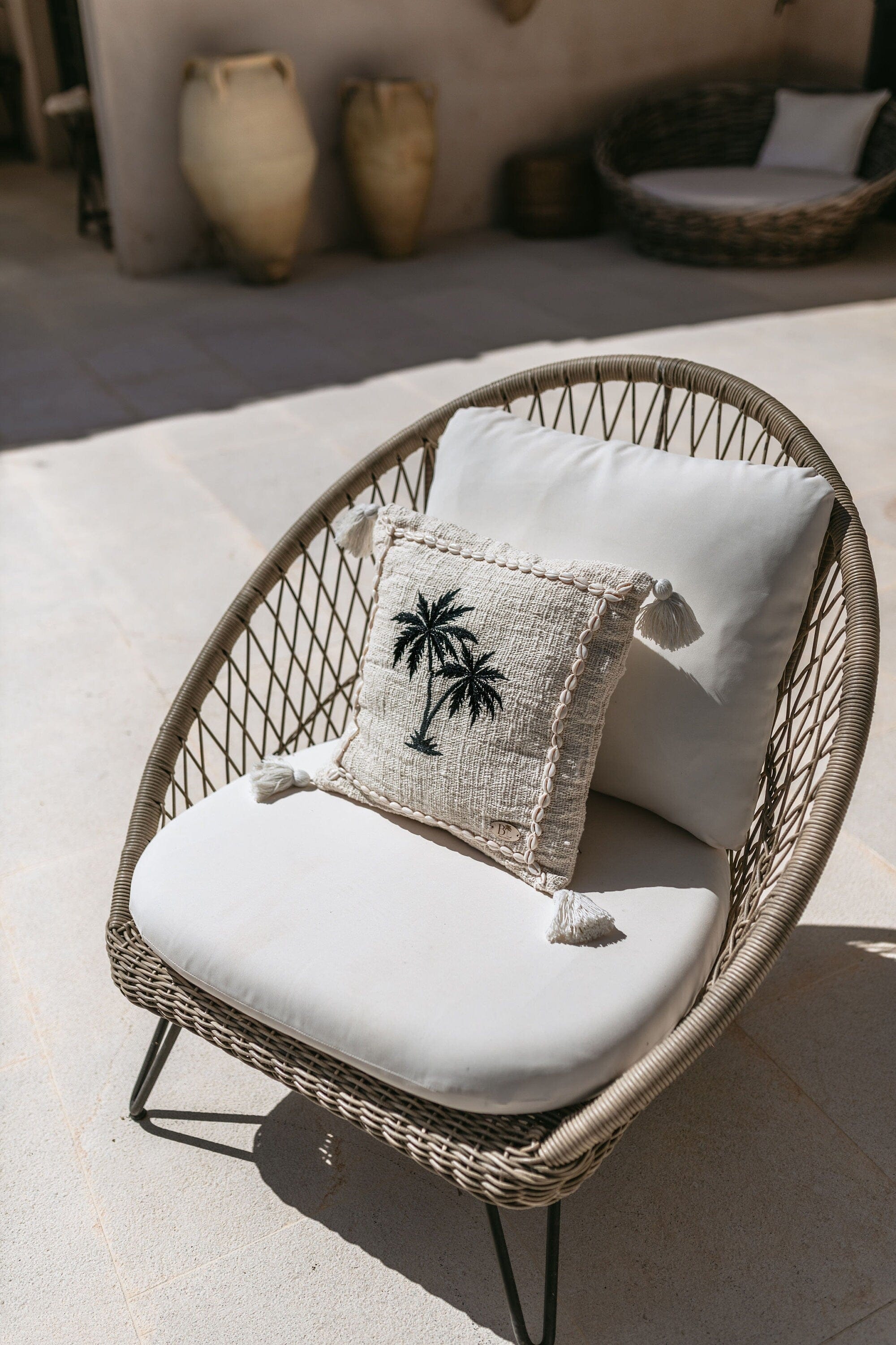 Raw Cotton Cushion Cover with Embroidered Palm Trees and Cowrie Shells, 45x45cm, Tropical Boho Pillow Cover, Handmade in Bali