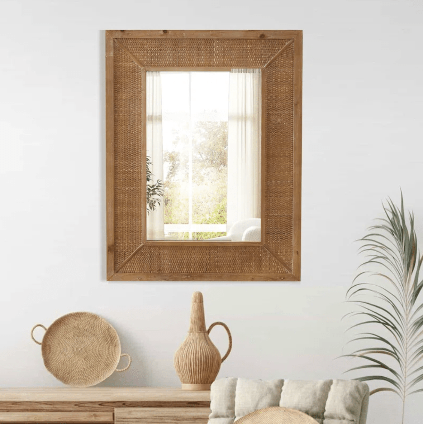 Rectangle Rattan Wall Mirror with Wooden Frame - Rustic and Boho Decor for Farmhouse, Bedroom, Living Room, Entryway