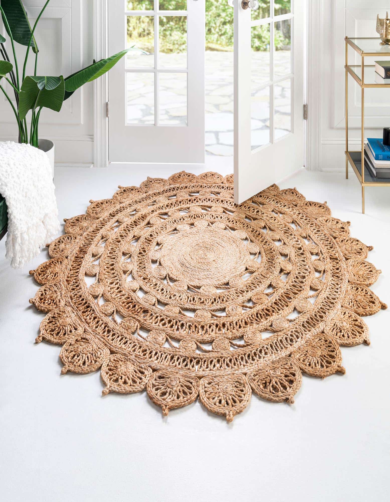 Round 5' Area Rug - Handwoven Medallion Design with Braided Jute Stripes - 60" x 60" - High Traffic Durability - Elegant Home Decor