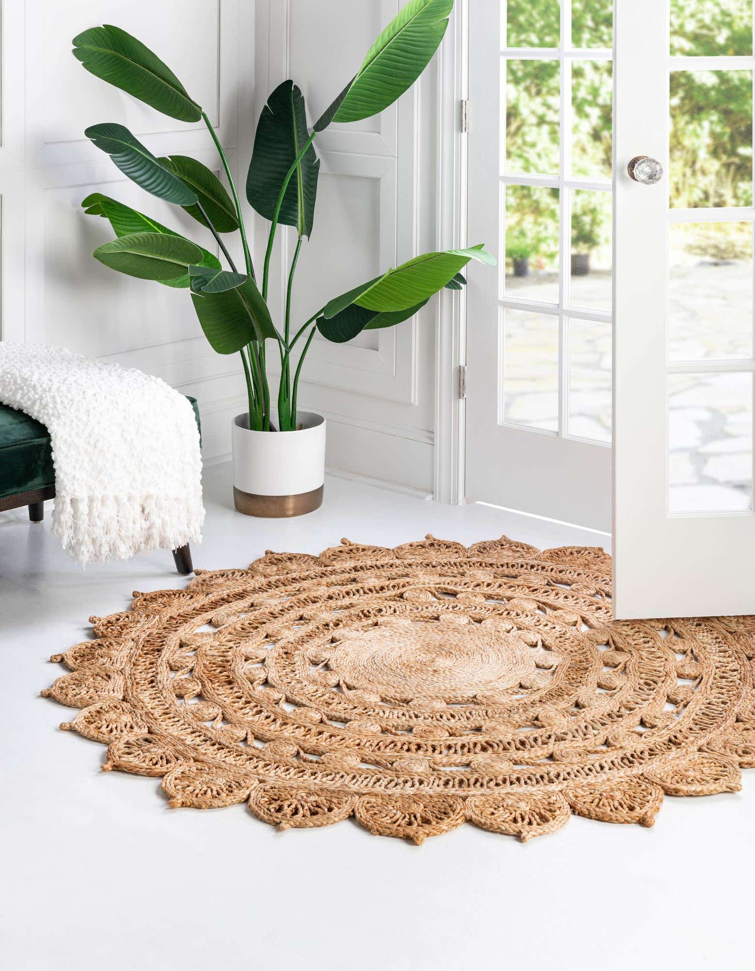 Round 5' Area Rug - Handwoven Medallion Design with Braided Jute Stripes - 60" x 60" - High Traffic Durability - Elegant Home Decor