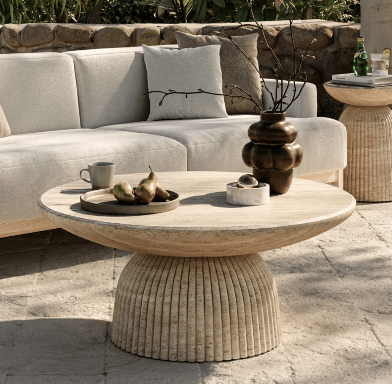 Round Coffee Table with Travertine Stone Effect - Indoor/Outdoor Weatherproof Roman-Inspired Design