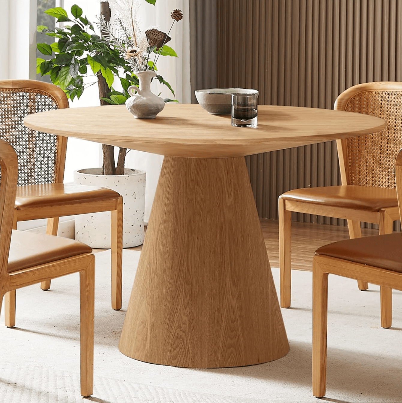 Round Dining Table with Wood Grain Top, Solid Wood, 47-Inch Modern Kitchen Table for 4-6, Mid Century Dining Room Table for Kitchen, Office, Restaurant - Natural Ash