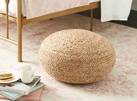 Round Jute Pouf Ottoman | Natural Woven Boho Footstool | Versatile 19"x19"x10.5" Seat and Side Table