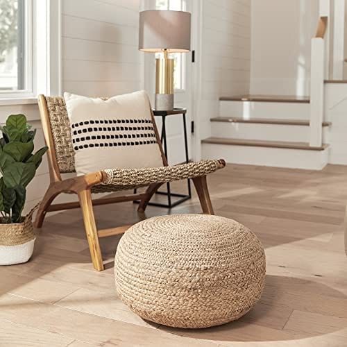 Round Jute Pouf Ottoman | Natural Woven Boho Footstool | Versatile 19"x19"x10.5" Seat and Side Table