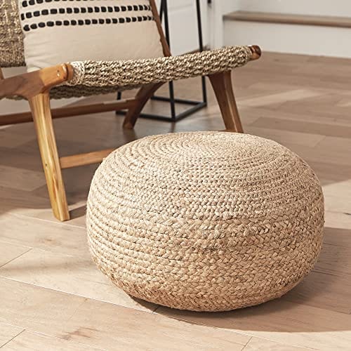 Round Jute Pouf Ottoman | Natural Woven Boho Footstool | Versatile 19"x19"x10.5" Seat and Side Table