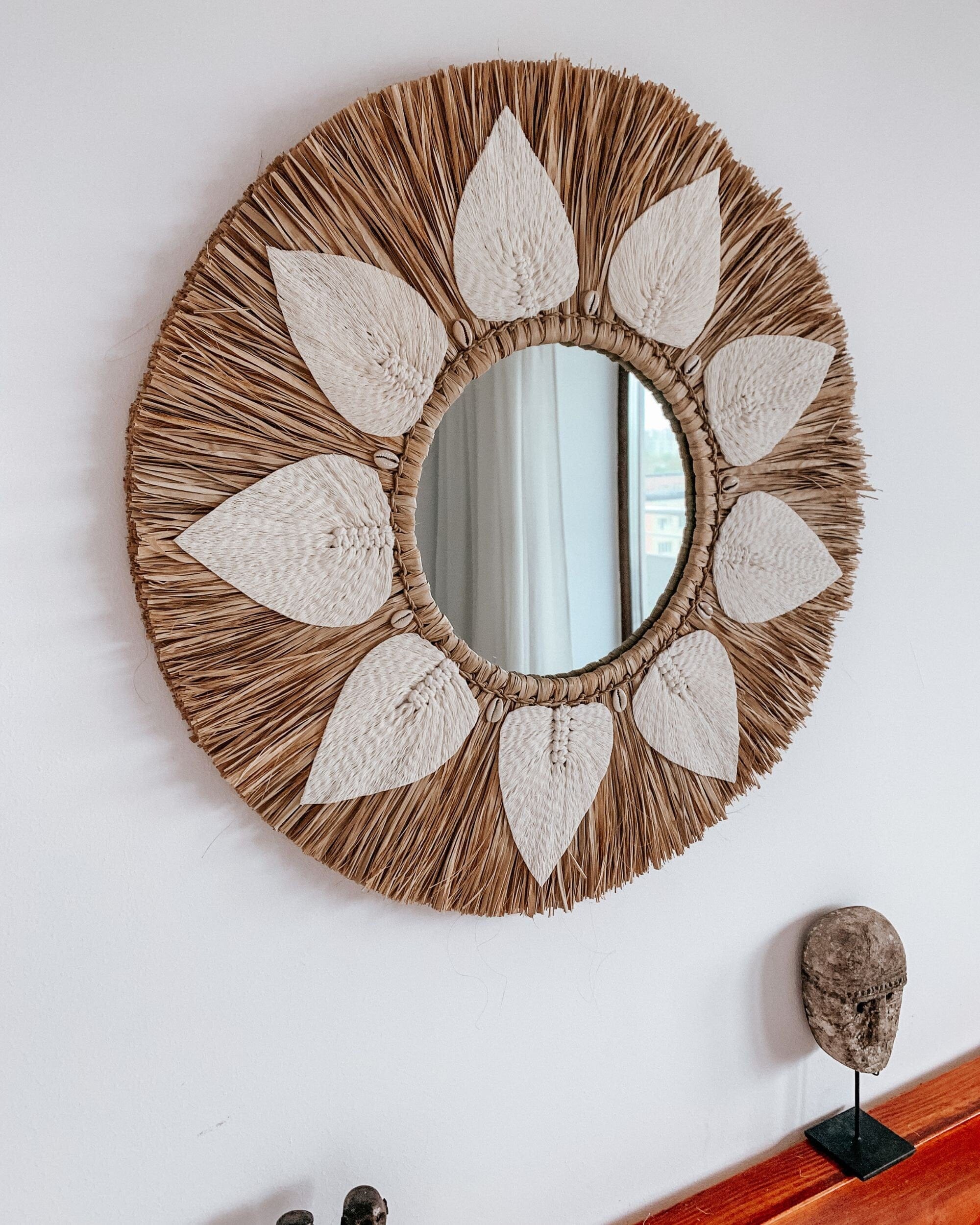 Round Raffia Macrame Mirror – Boho Wall Decor, 60cm, Handcrafted Tropical Mirror from Bali