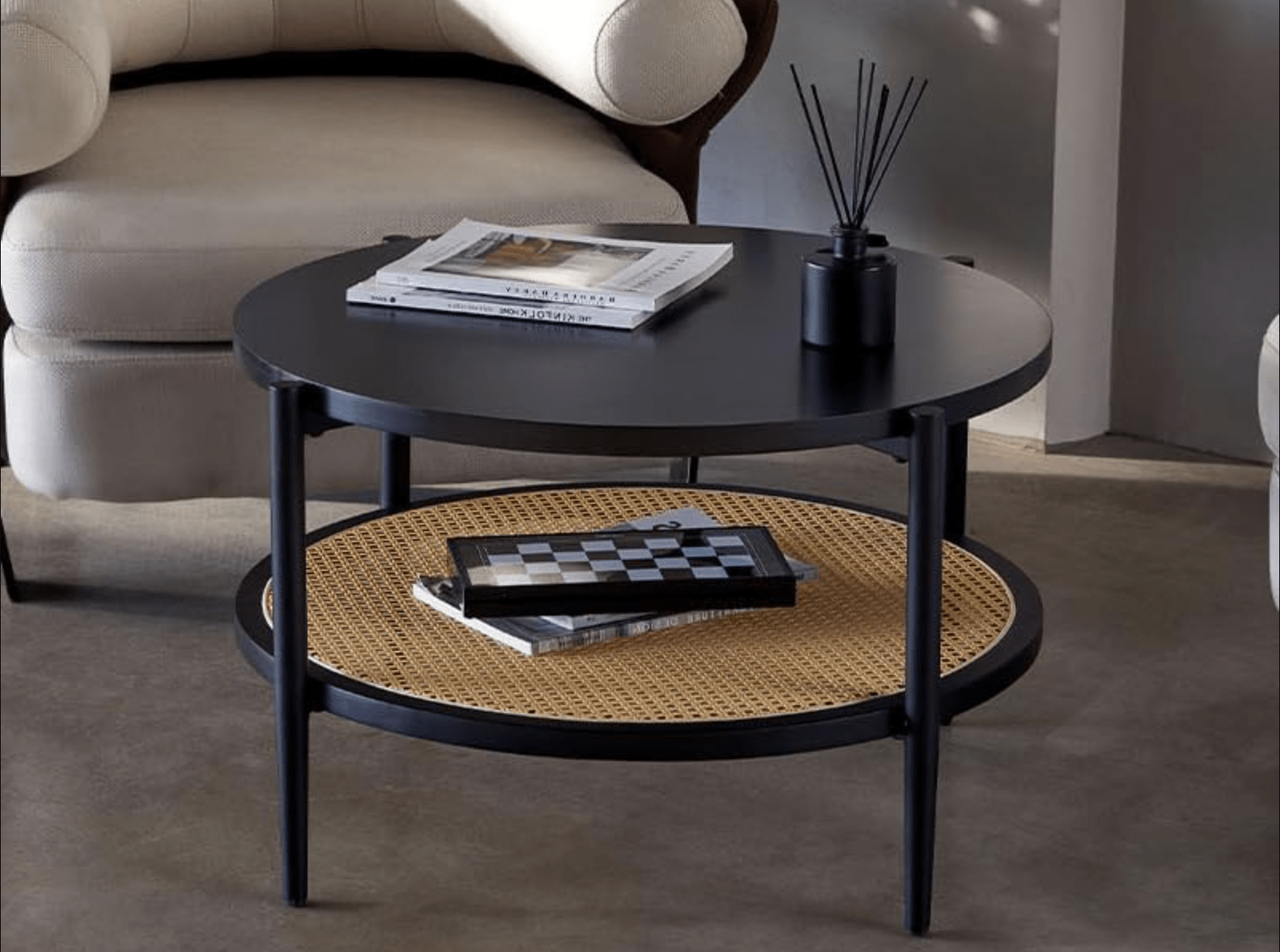 Round Rattan Coffee Table - Mid Century Modern Design, Engineered Wood, Black Center Table with Storage for Small Spaces, Home, and Cafe