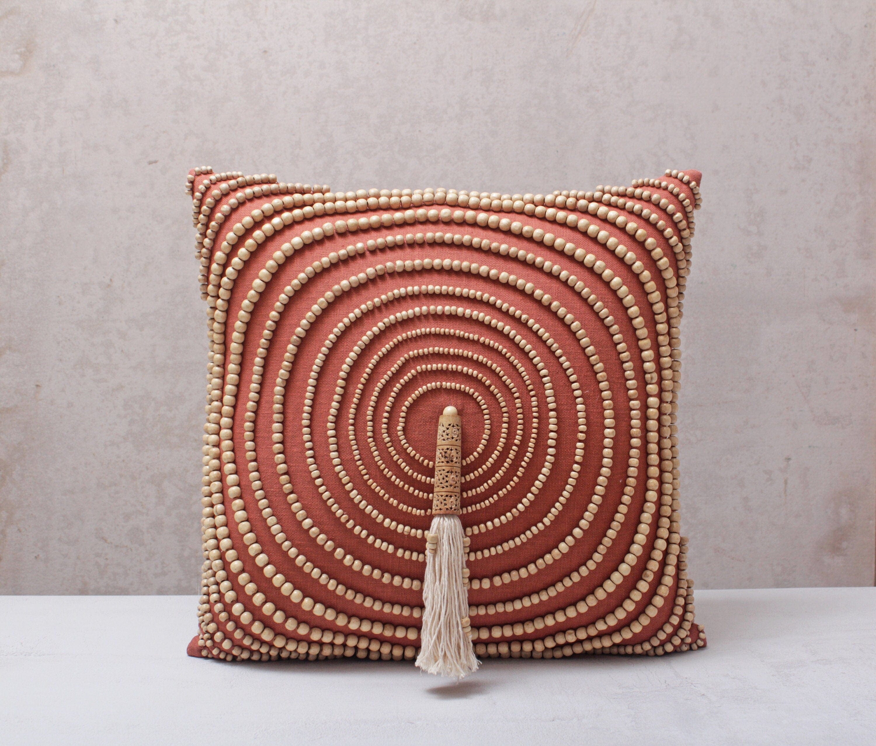 Rust Cotton Bohemian Pillow Cover, 16x16 Inch, Handcrafted Decorative Throw Pillow with Tassels and Wooden Beads