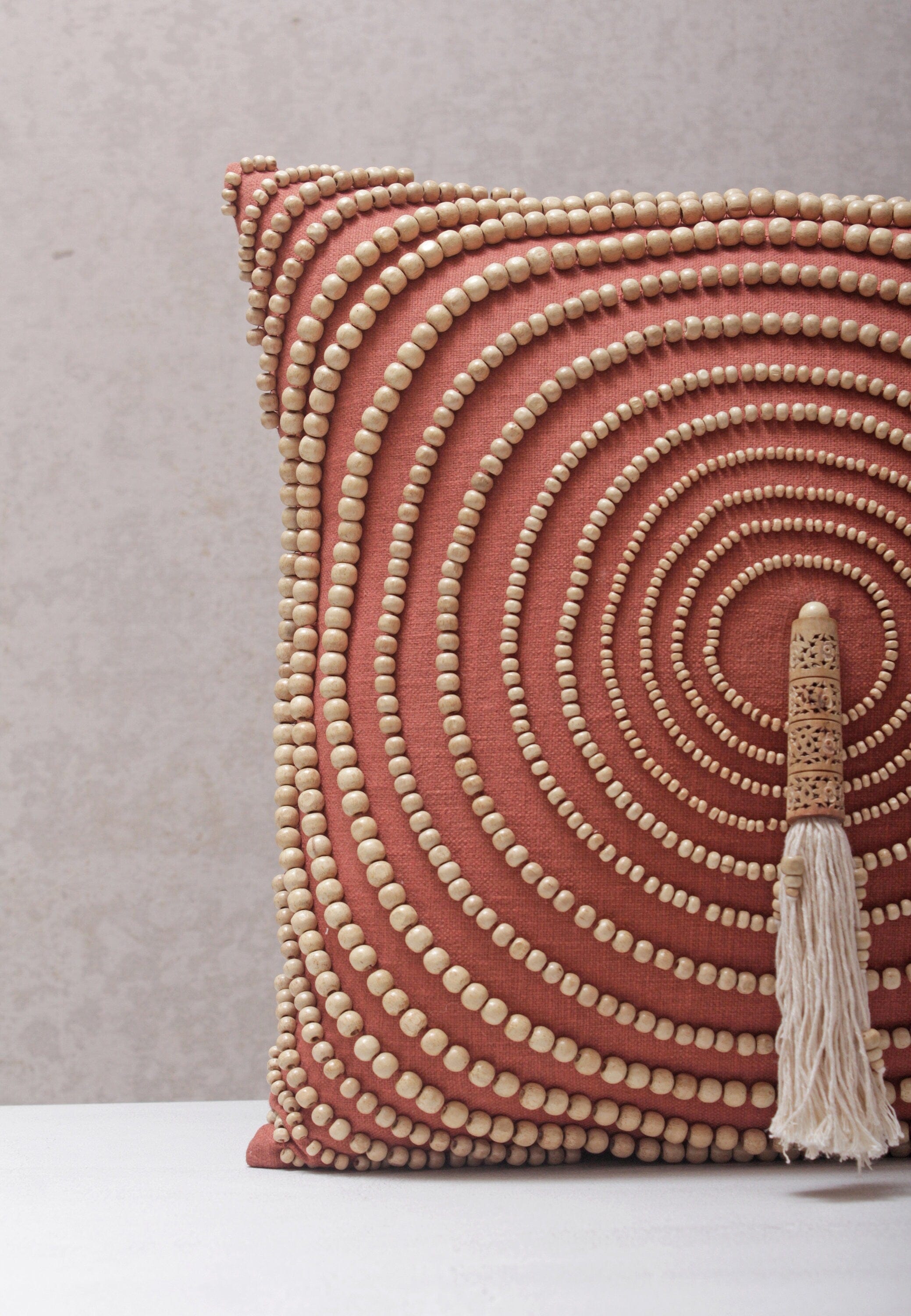 Rust Cotton Bohemian Pillow Cover, 16x16 Inch, Handcrafted Decorative Throw Pillow with Tassels and Wooden Beads