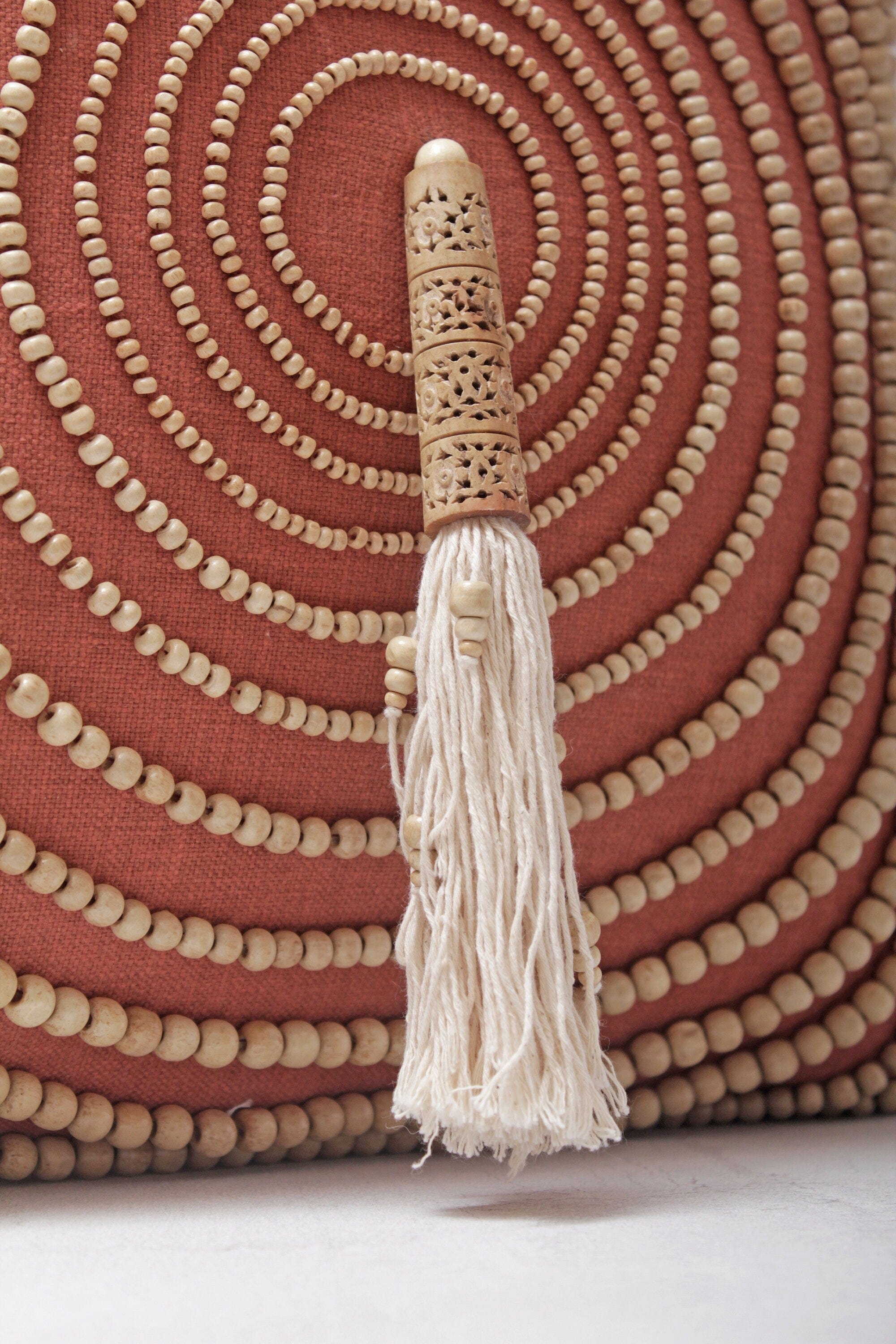 Rust Cotton Bohemian Pillow Cover, 16x16 Inch, Handcrafted Decorative Throw Pillow with Tassels and Wooden Beads