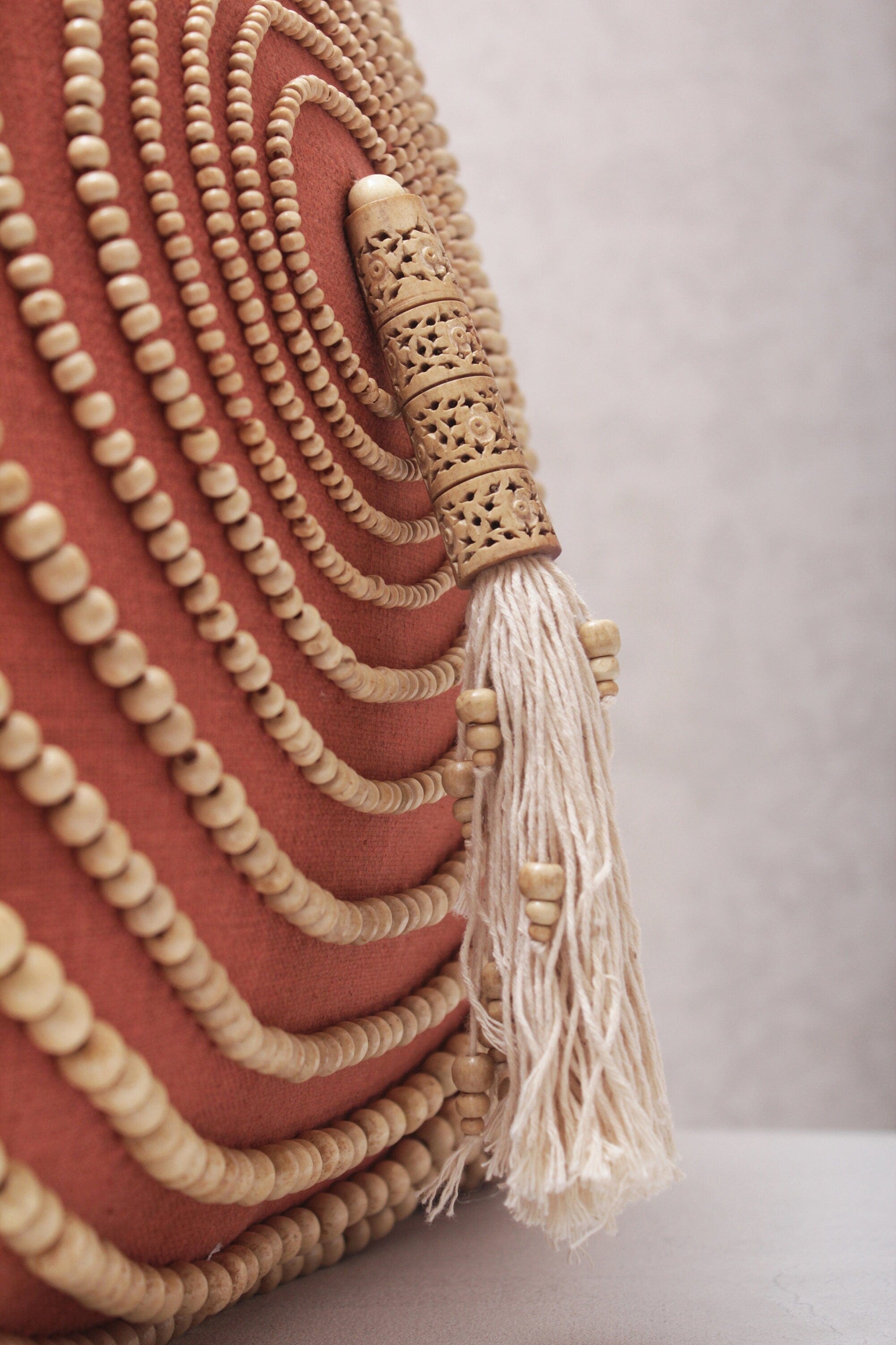 Rust Cotton Bohemian Pillow Cover, 16x16 Inch, Handcrafted Decorative Throw Pillow with Tassels and Wooden Beads