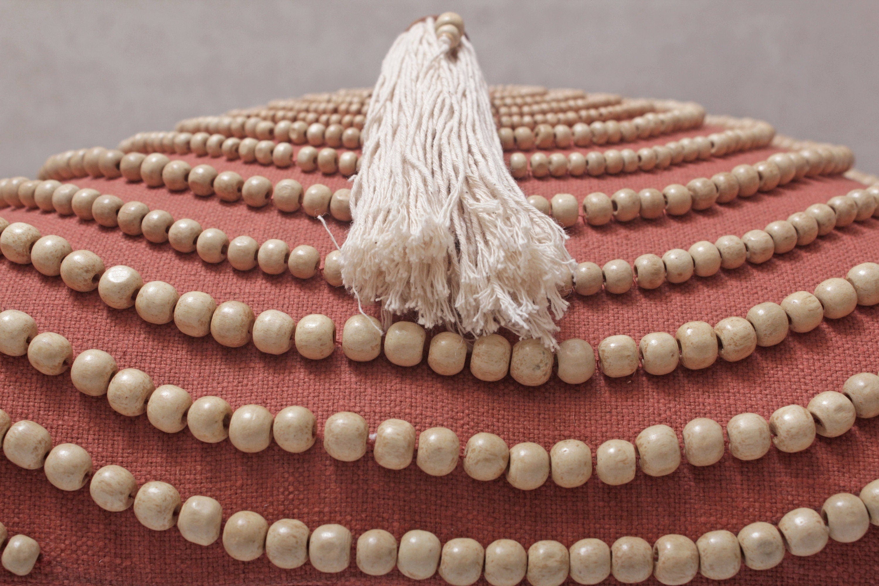 Rust Cotton Bohemian Pillow Cover, 16x16 Inch, Handcrafted Decorative Throw Pillow with Tassels and Wooden Beads