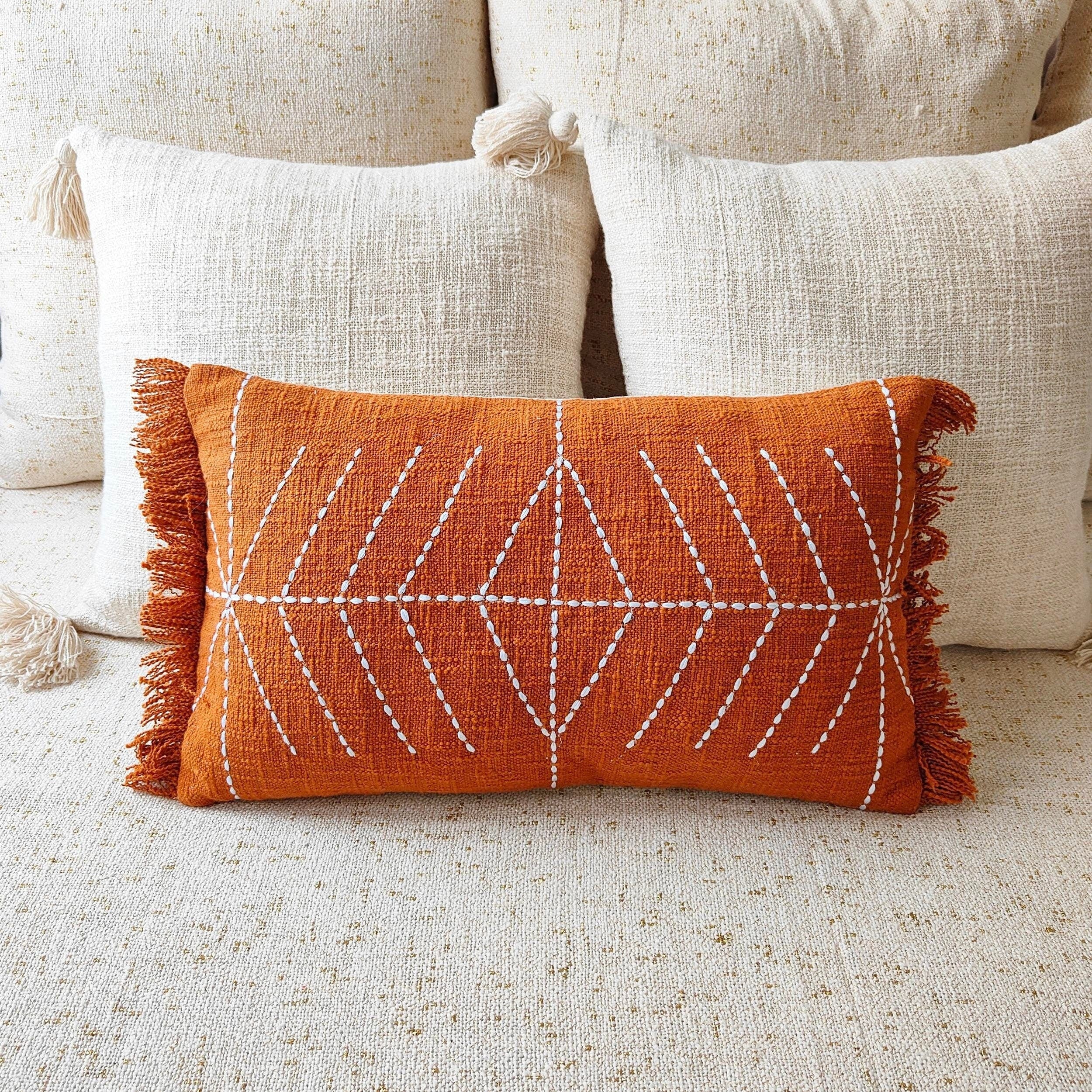 Rust Orange Hand Kantha Embroidered Cushion Cover, 12x20, 14x20, Decorative Boho Throw Pillow Cover - Handmade by Indian Artisans 12x20 inches