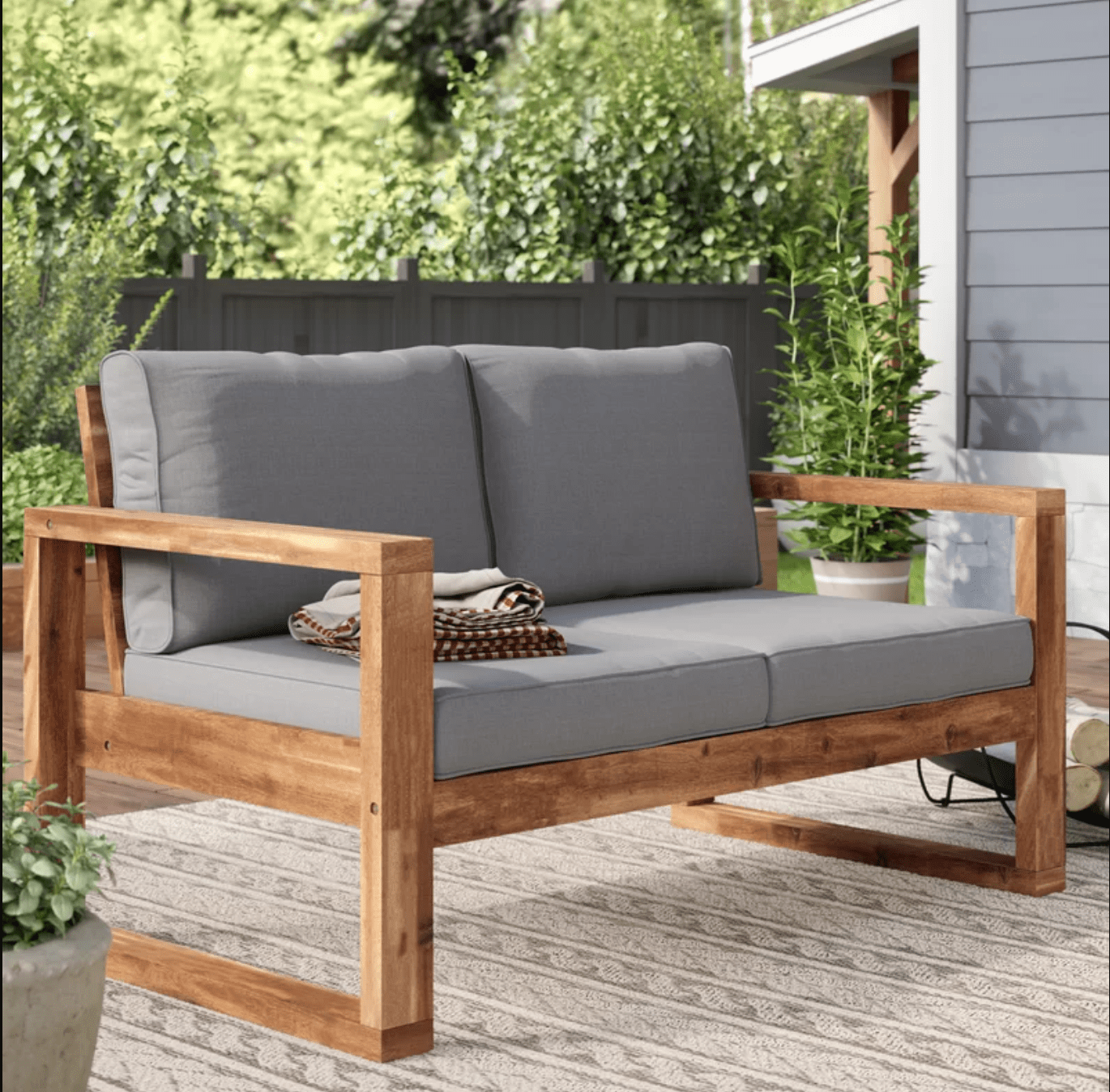 Rustic Acacia Wood Outdoor Deep-Seated Loveseat with Plush Cushions - Weather-Resistant Patio Furniture for Relaxation and Comfort