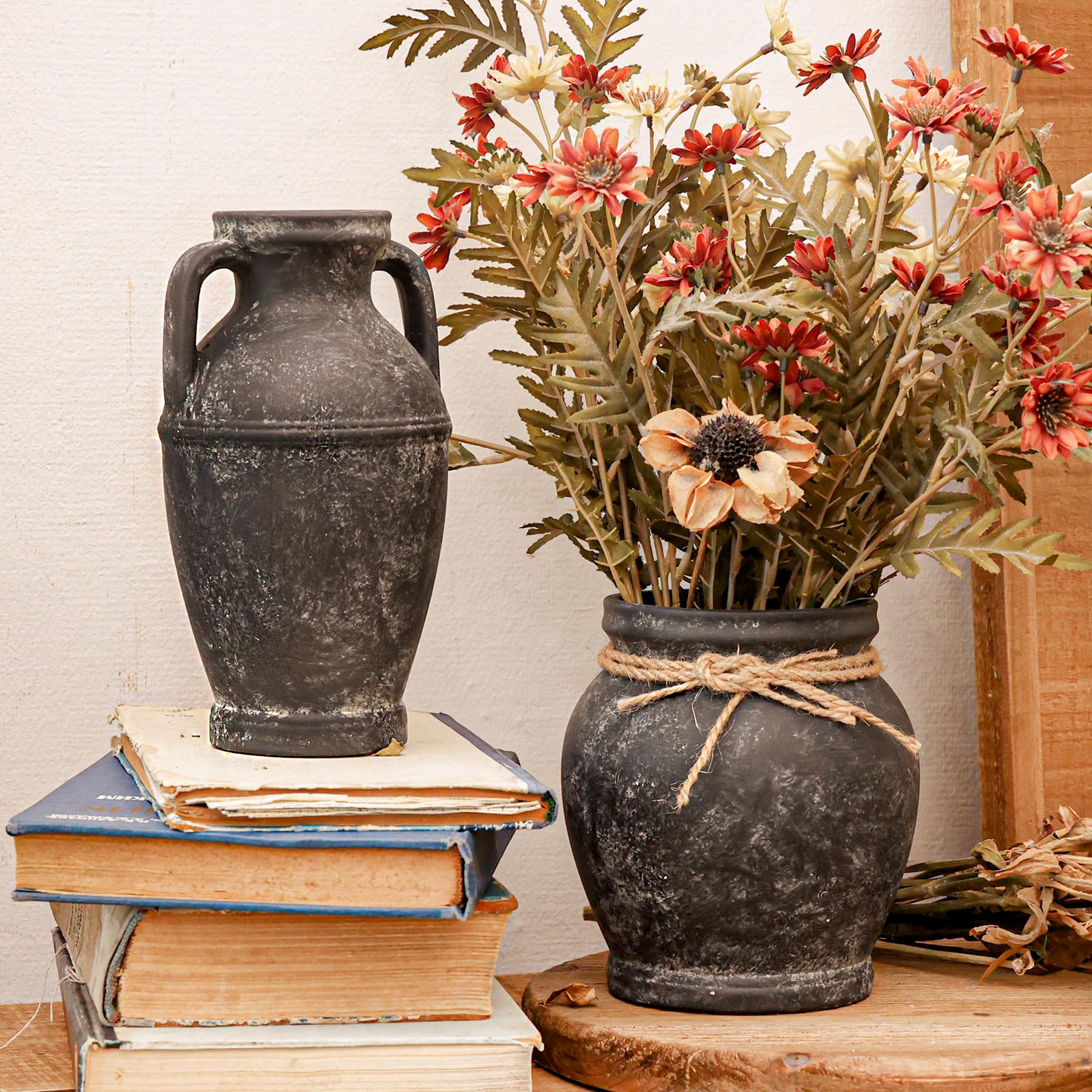 Rustic Black Ceramic Vase – Vintage Farmhouse Decor for Table, Living Room, and Shelf