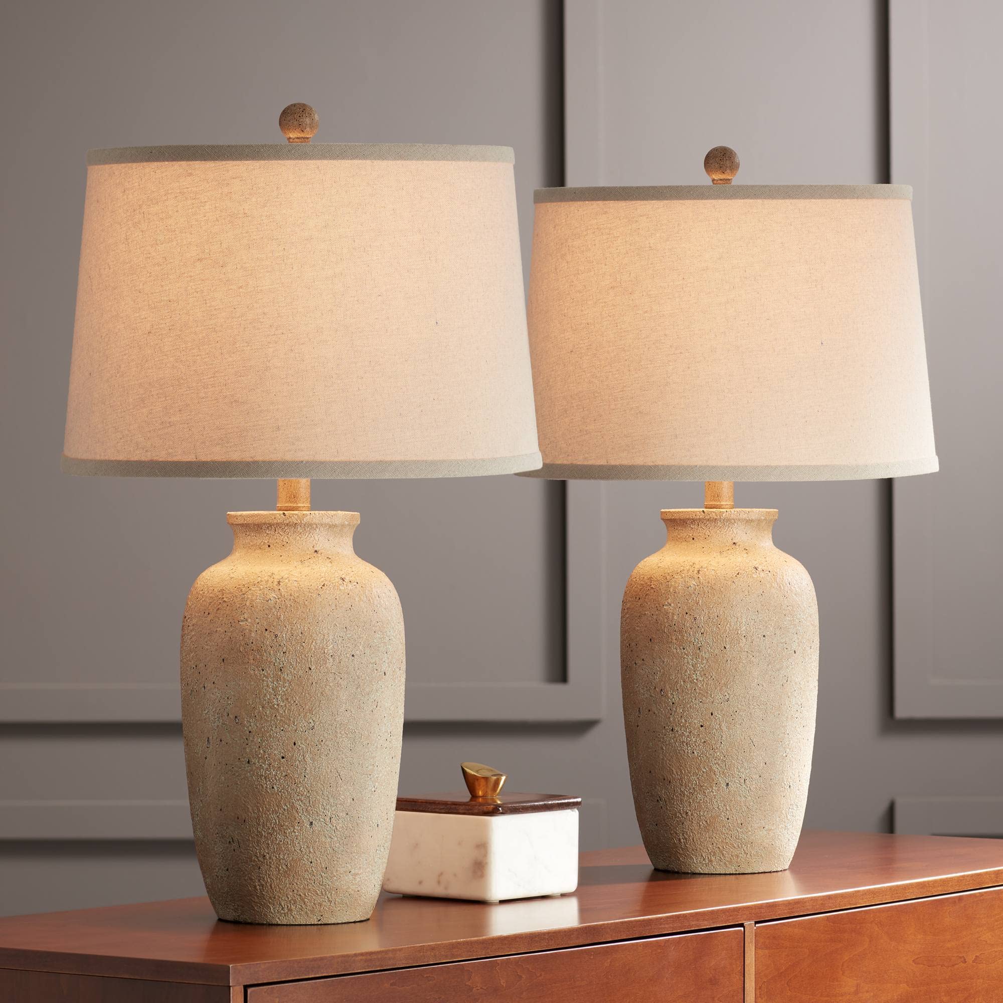 Rustic Coastal Table Lamps Set of 2 – Beige Fabric Shades for Bedroom and Living Room