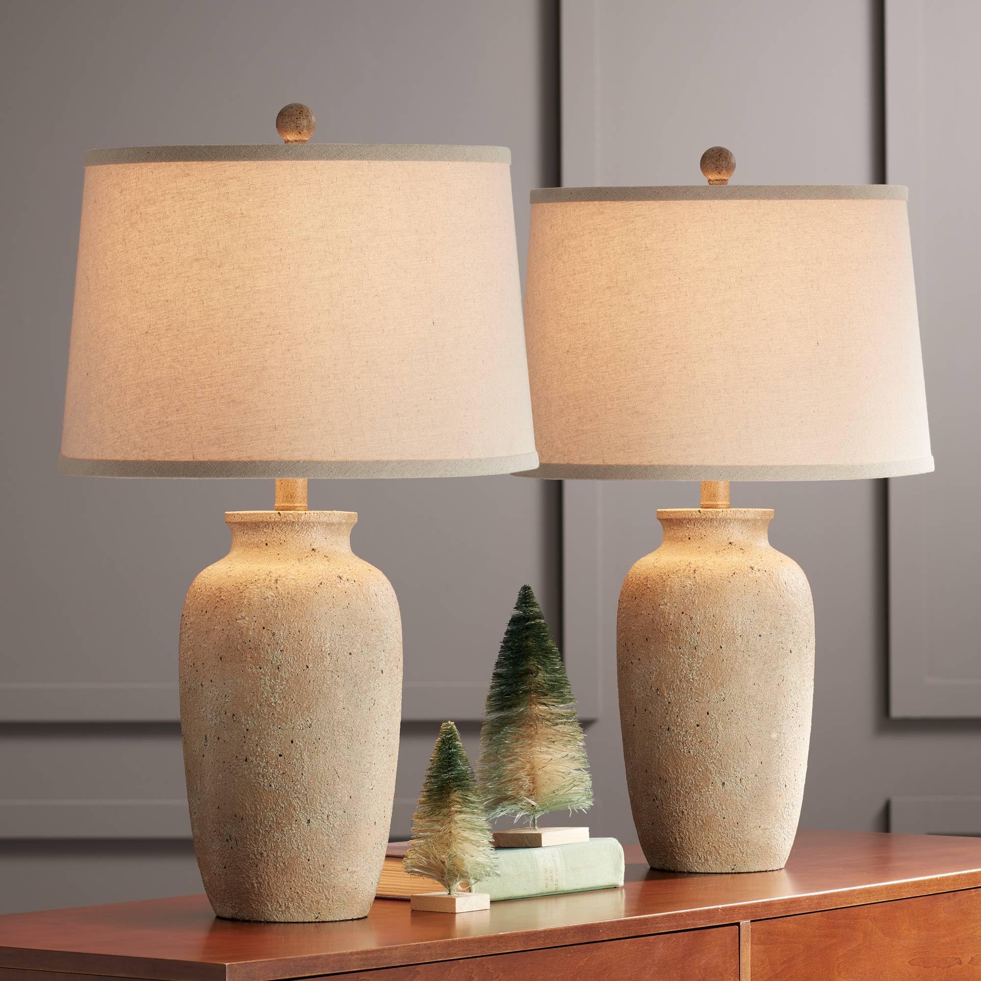 Rustic Coastal Table Lamps Set of 2 – Beige Fabric Shades for Bedroom and Living Room